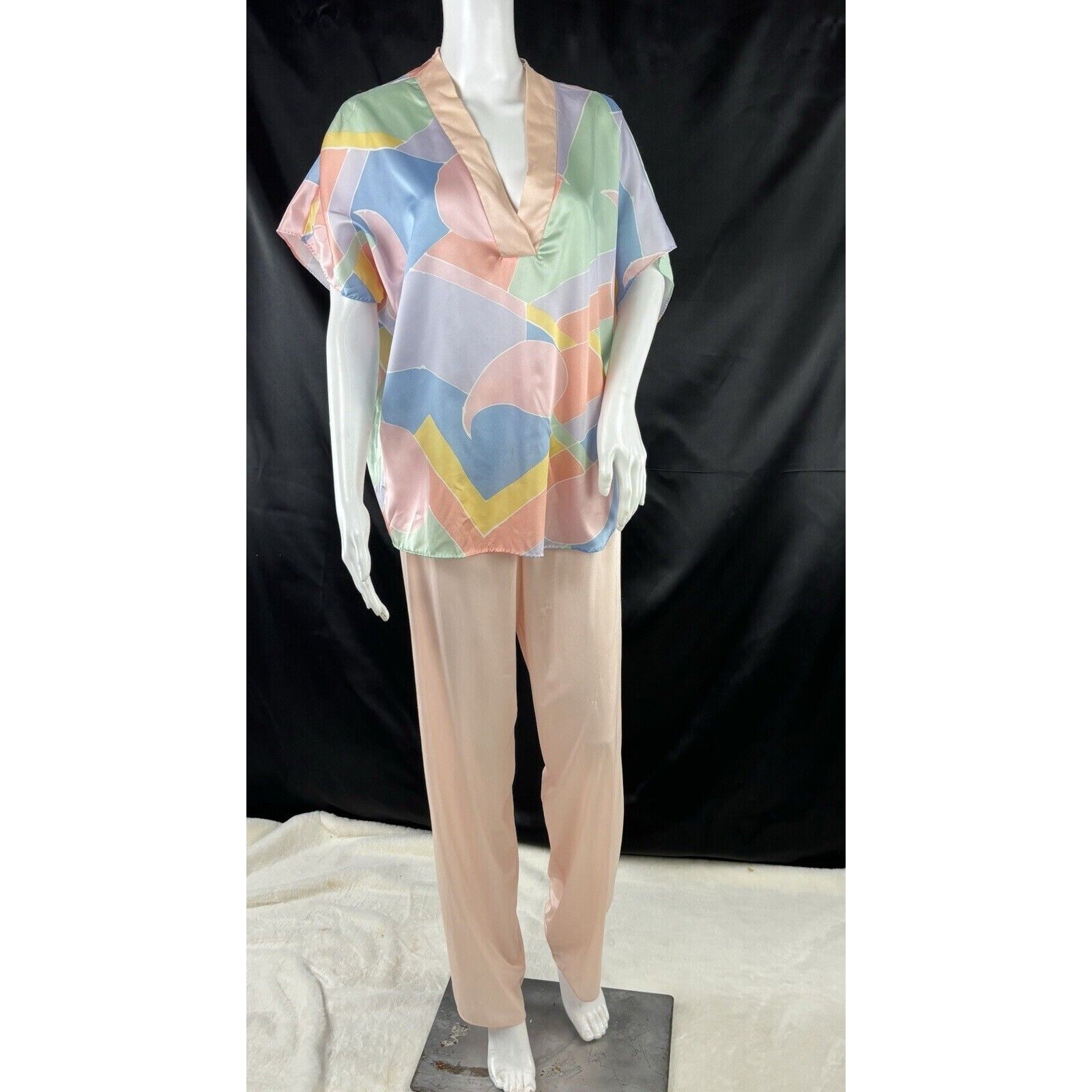 Yolande Mod Robe Satin Blouse Floral Shirt Pink Pants Vintage 80’s 3pc Lingerie