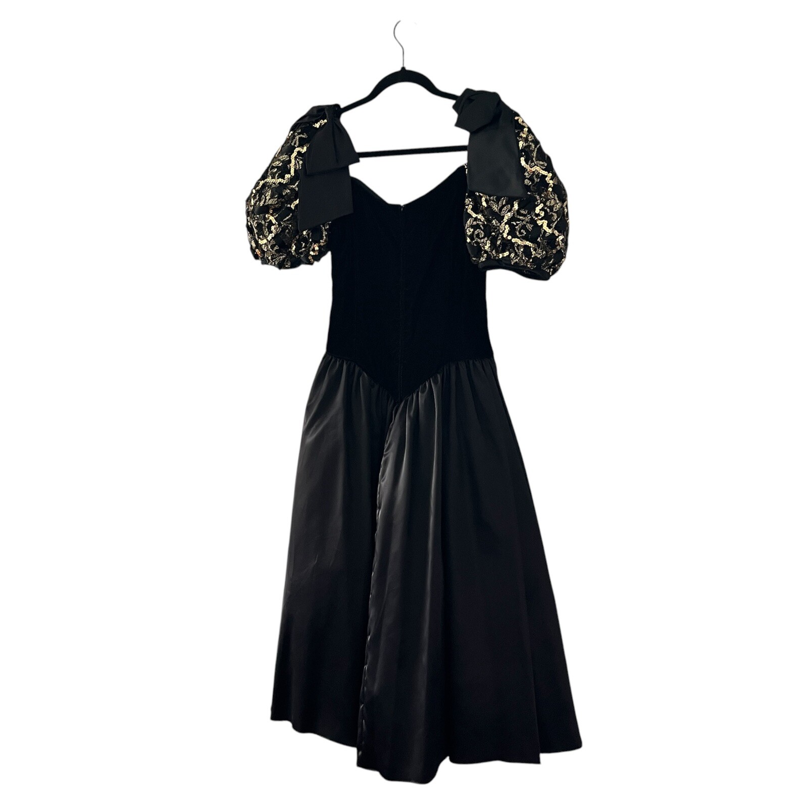 Vintage Roberta Black Velvet Tafetta Puff Sleeve Dress Satin Bow Gold Sequin