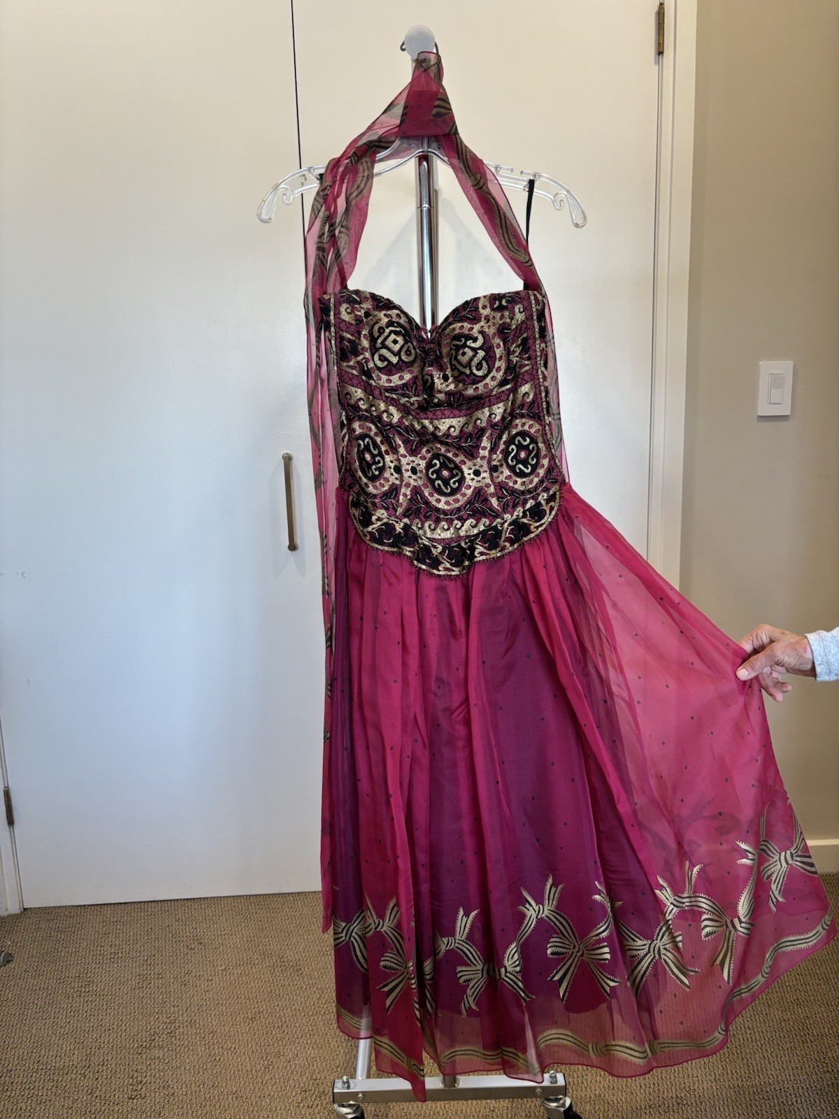Vintage Zandra Rhodes London Magenta Halter Evening Dress Handmade England