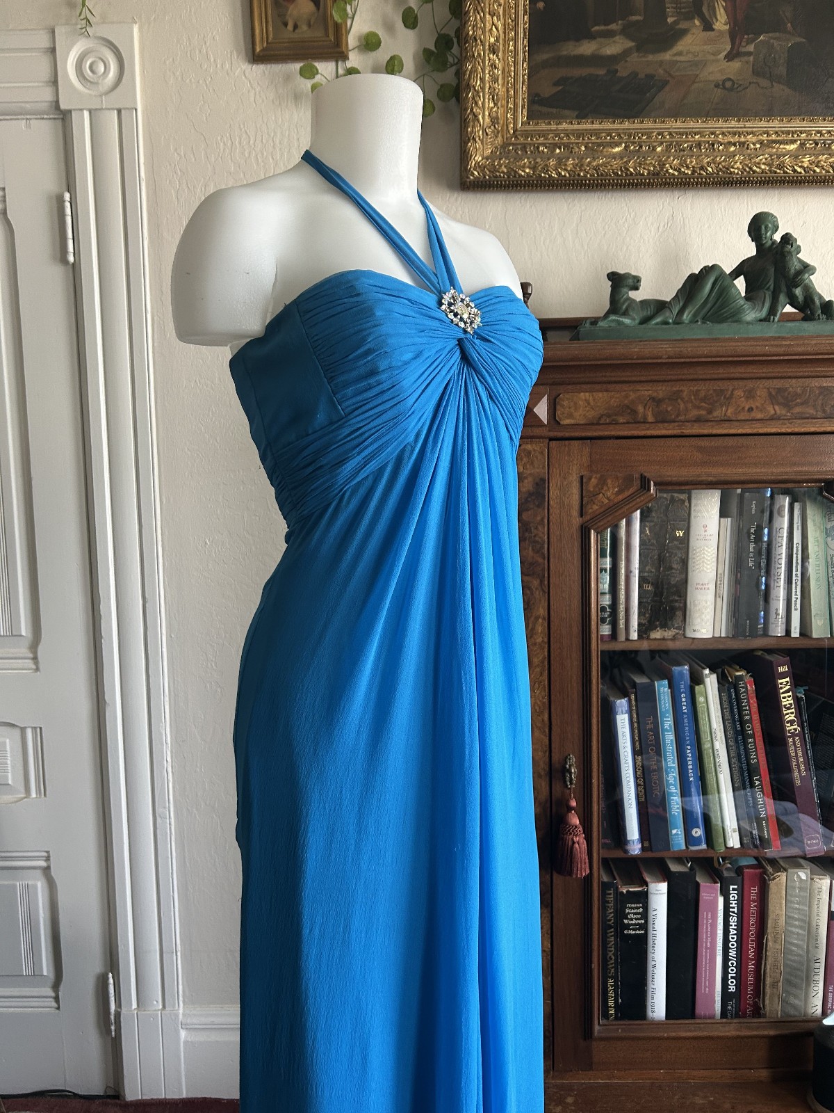 Vintage Y2K Laundry Shelli Segal Aqua Blue Silk Halter Maxi Dress Formal Fairy