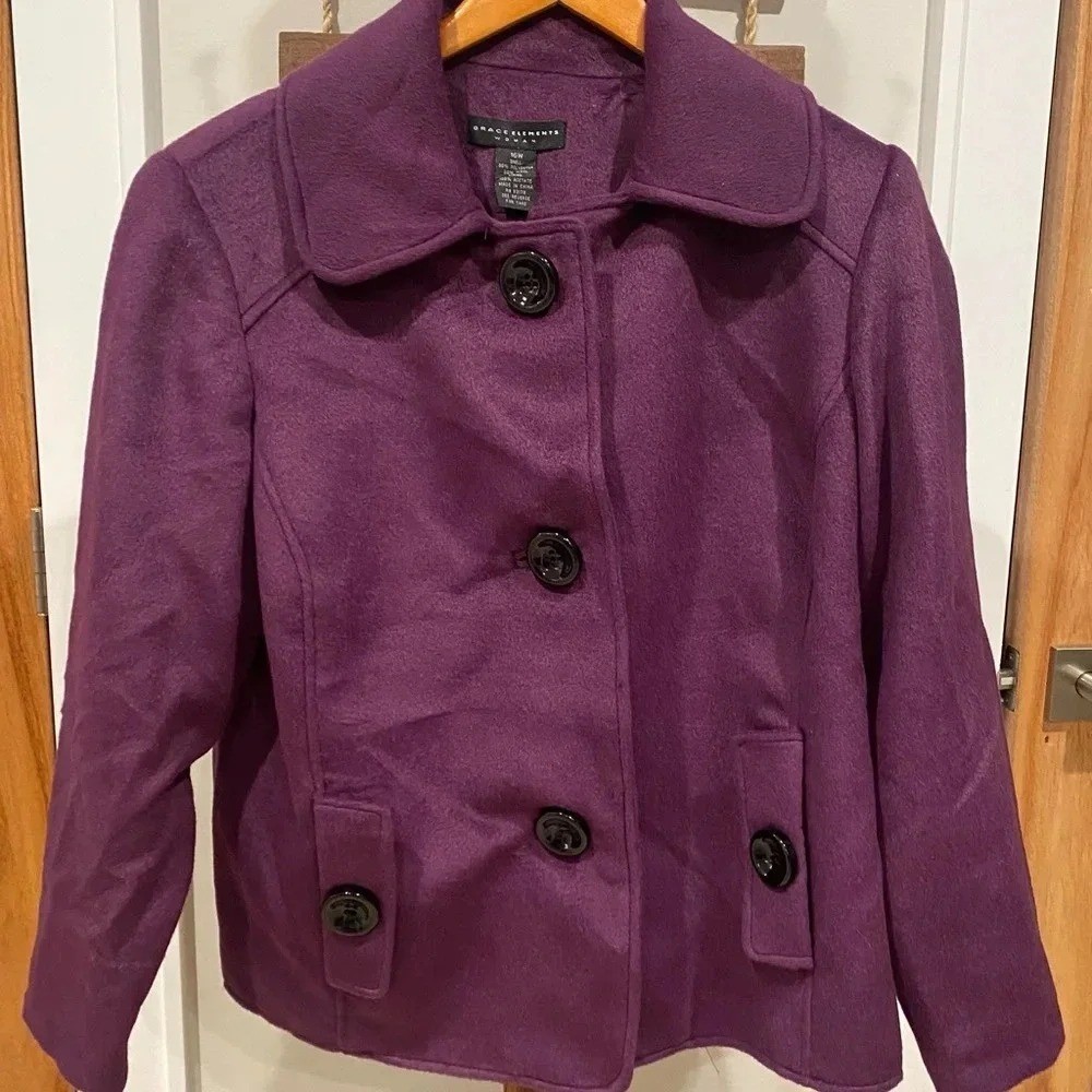 Vintage Grace Elements Purple Soft Warm Wool Blend Pea Coat WM’s Large (16w) EUC