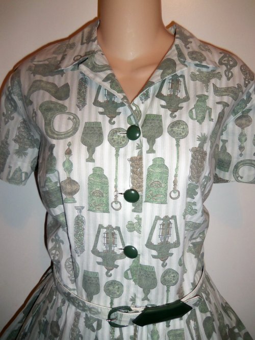 Vtg 50s VIRGINIA HART Cotton Fabric KITCHEN THEME Belt Dress DEADSTOCK M L NOS