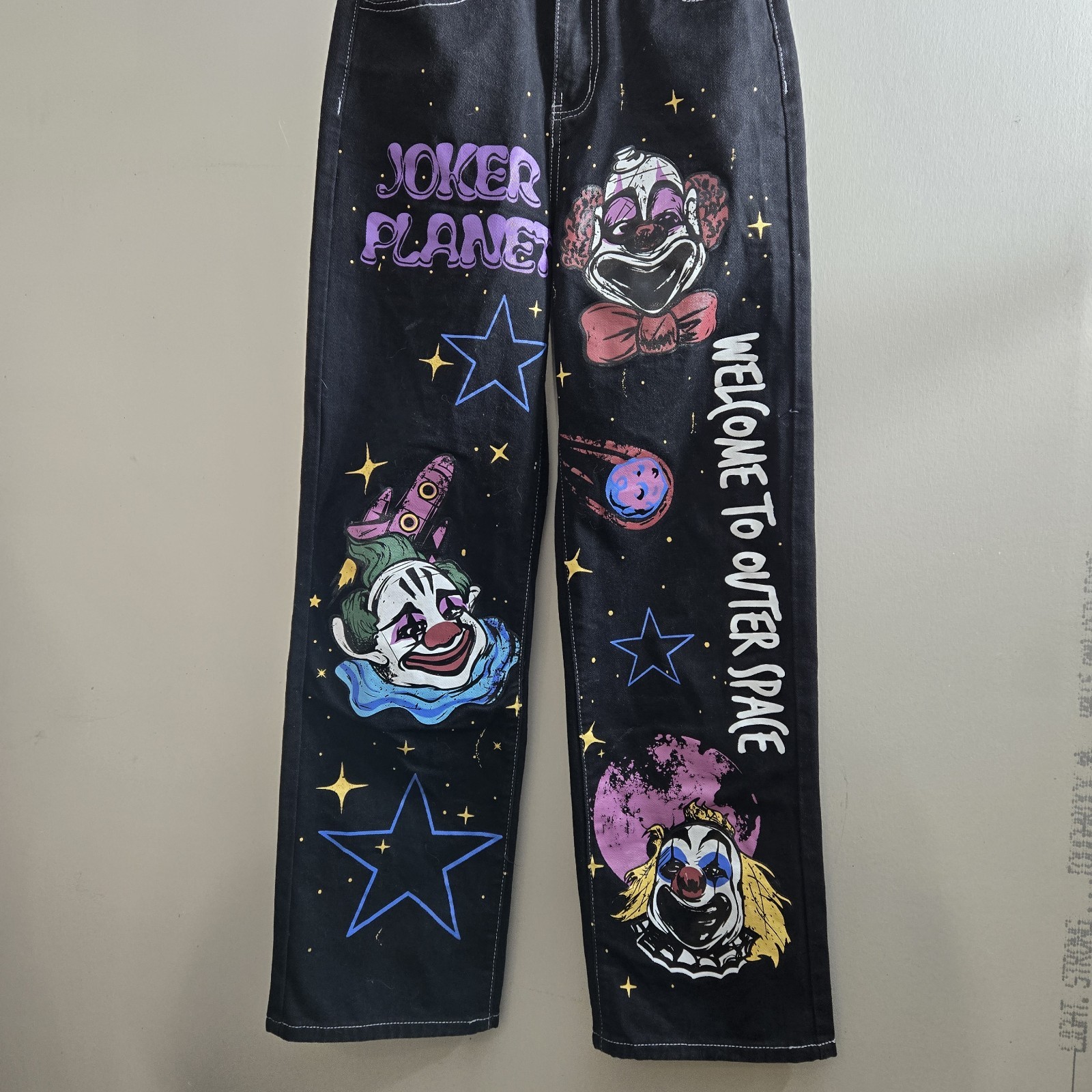 Grunge Punk Cartoon & Slogan Jeans Size XS Graphic Black Straight Leg Streetwear