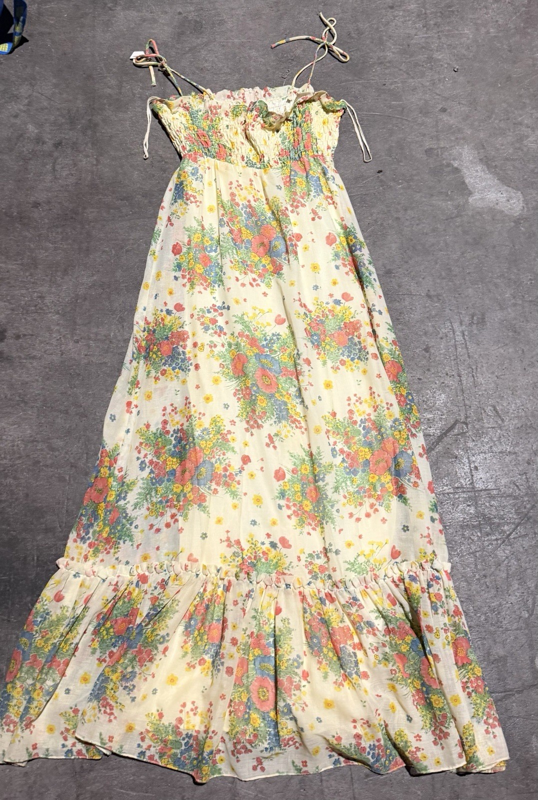 Vintage 1960s Miss Rita Floral Smocked Boho Prairie Cottage Core Dress Ivory