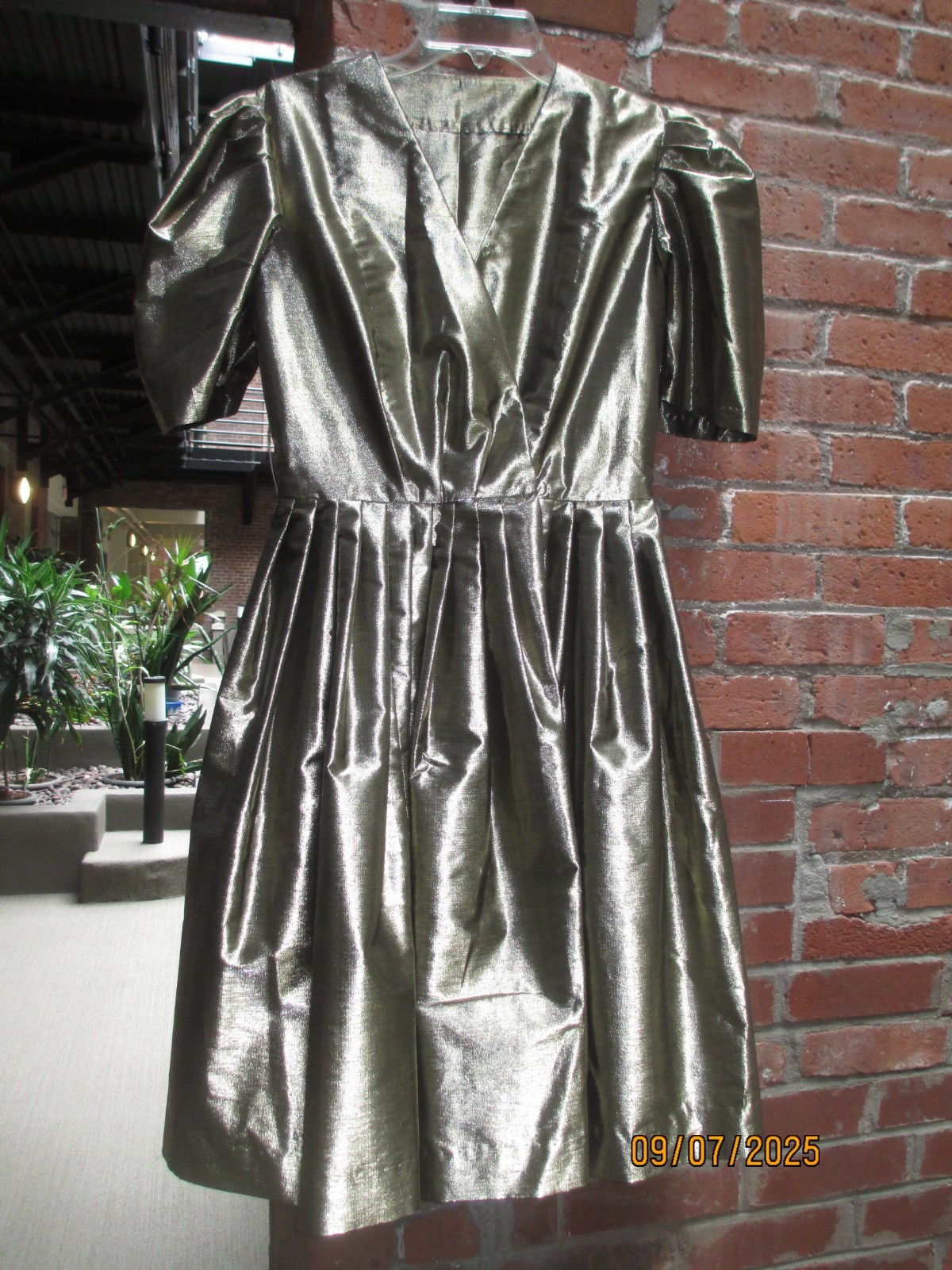 Handmade gold metallic vintage dress 1950s, sz M, surplice neckline w pleating