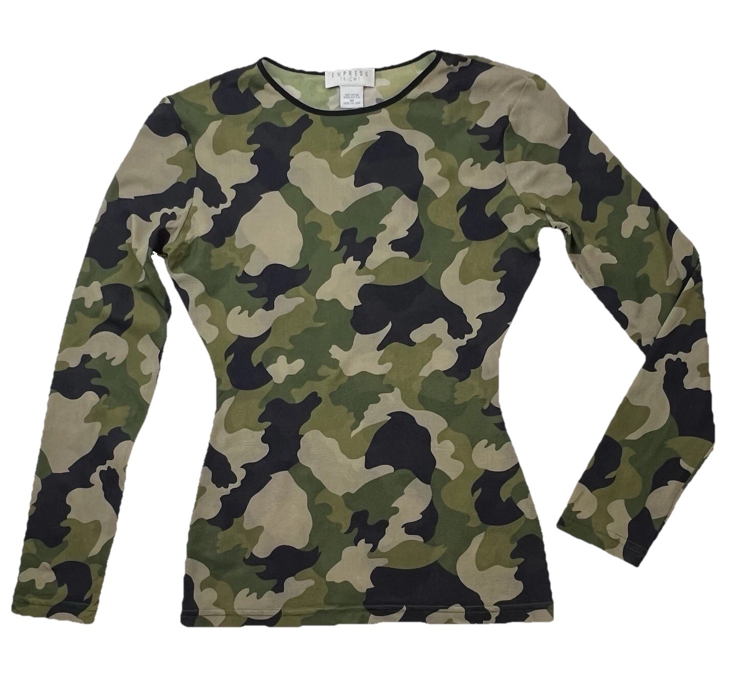 Vtg 90s Y2K Express Tricot Green Camo Mesh Top Grunge Hip Hop Fitted Jrs Sz M