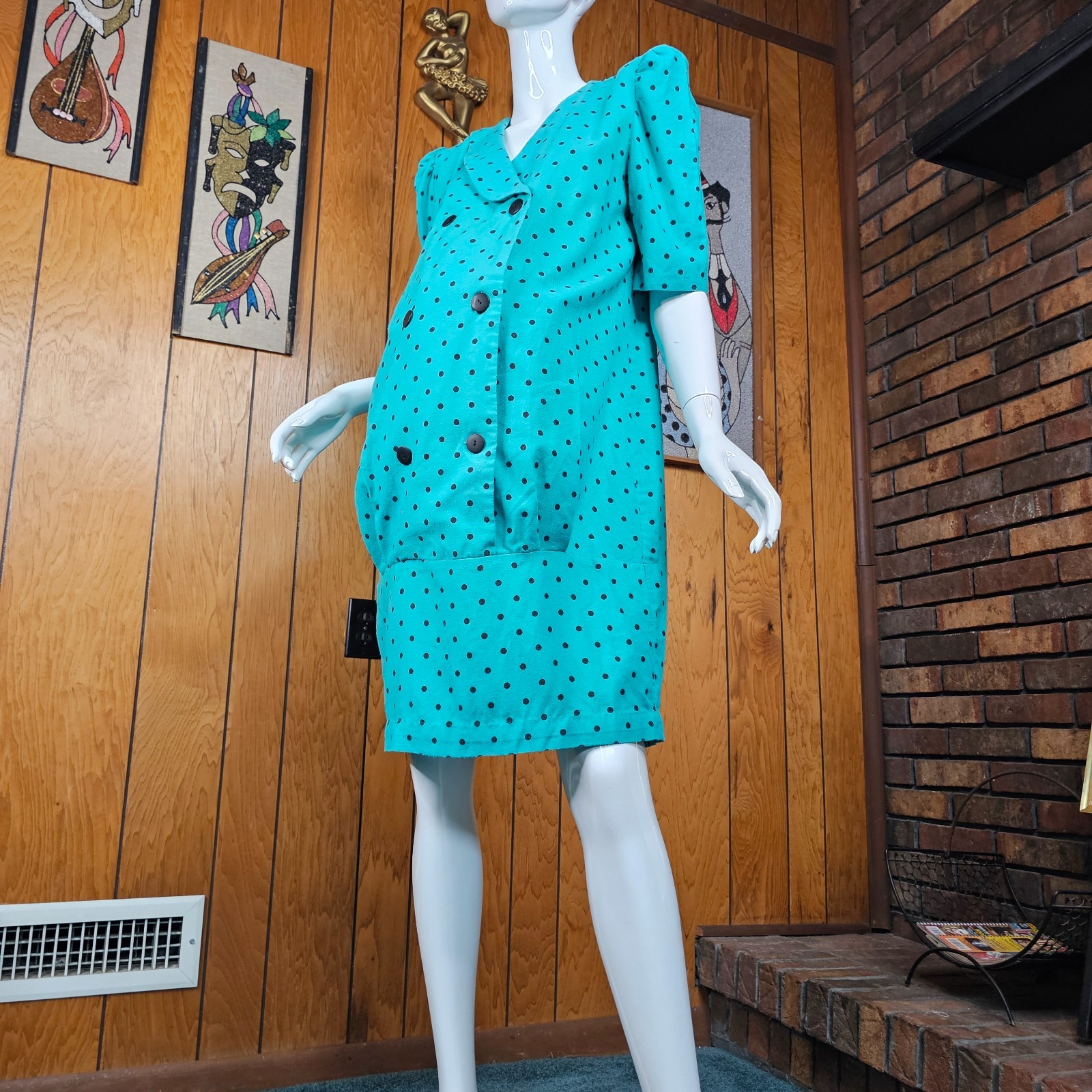 Vtg 80s New Wave Maternity Power Suit Teal Polka Dot Pencil Secretary Dress M/L