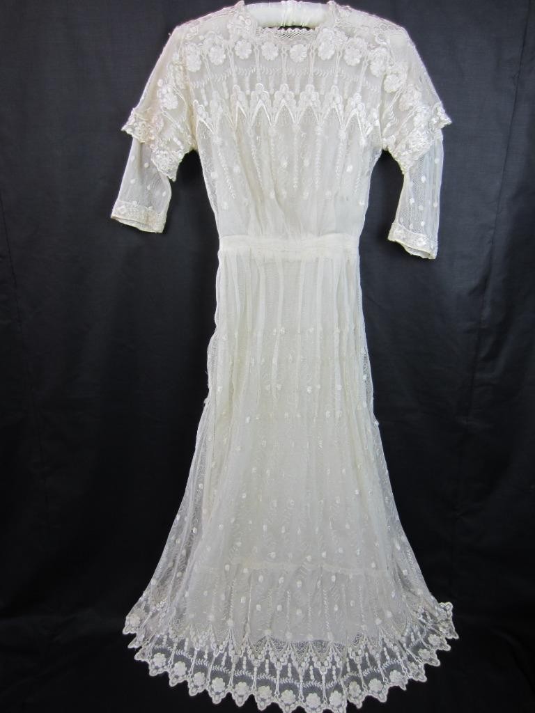 *1910 Edwardian Antique Dress Silk Blonde Embroidery Net Wedding, Formal, Tea