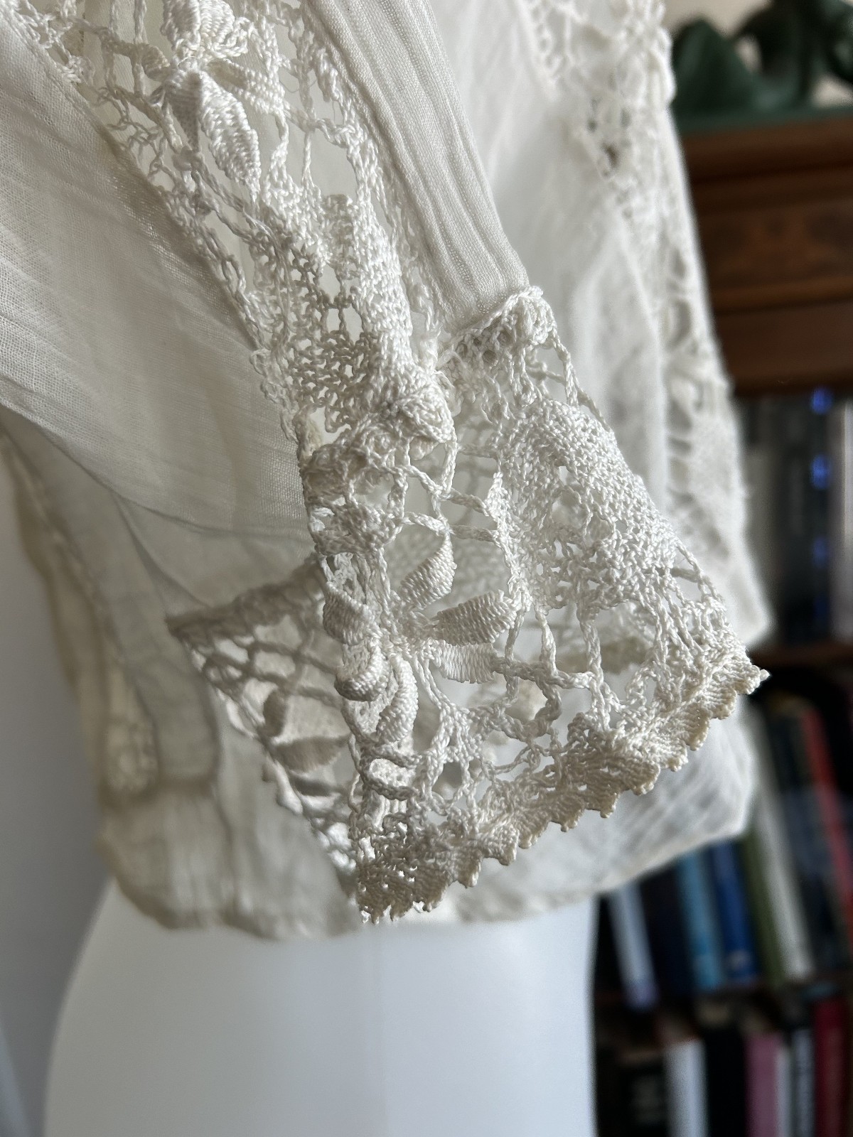 Antique Victorian Edwardian White Lace Gauze Blouse Crochet Insert Cottagecore S