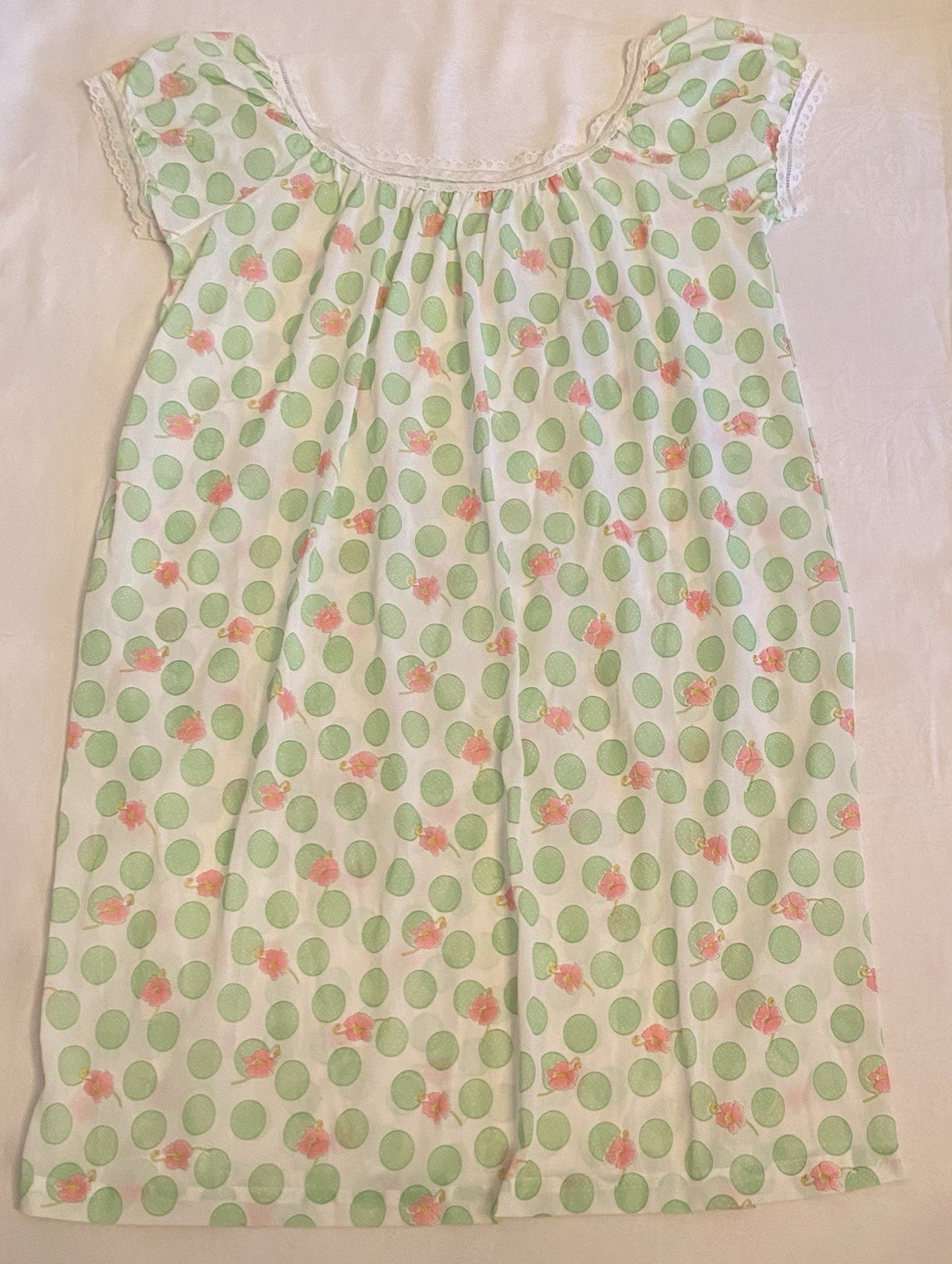 Vintage Nylon & Lace Babydoll Nightgown Size XL Nightie Lingerie Green and Pink