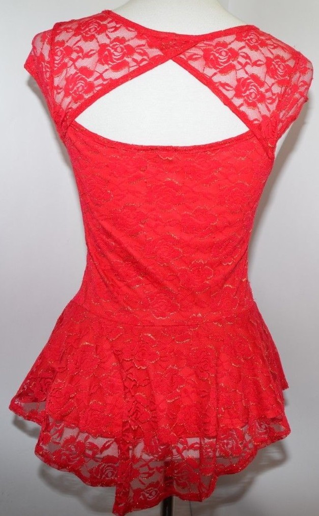 VTG IZ Byer Red Floral Glitter Lace Glitter Sheer Fitted Peplum Women S USA Made