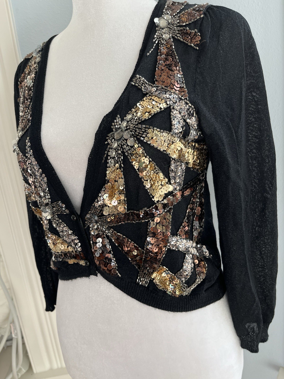 Sequin Beaded Sheer Black Gold Cardigan Sweater Pin-up Evening 80’s XS S Cropped