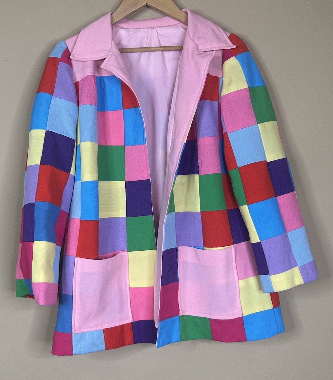 VTG 60s 70s Handmade Women’s Rainbow Polyester Patchwork Open Front Blazer Small