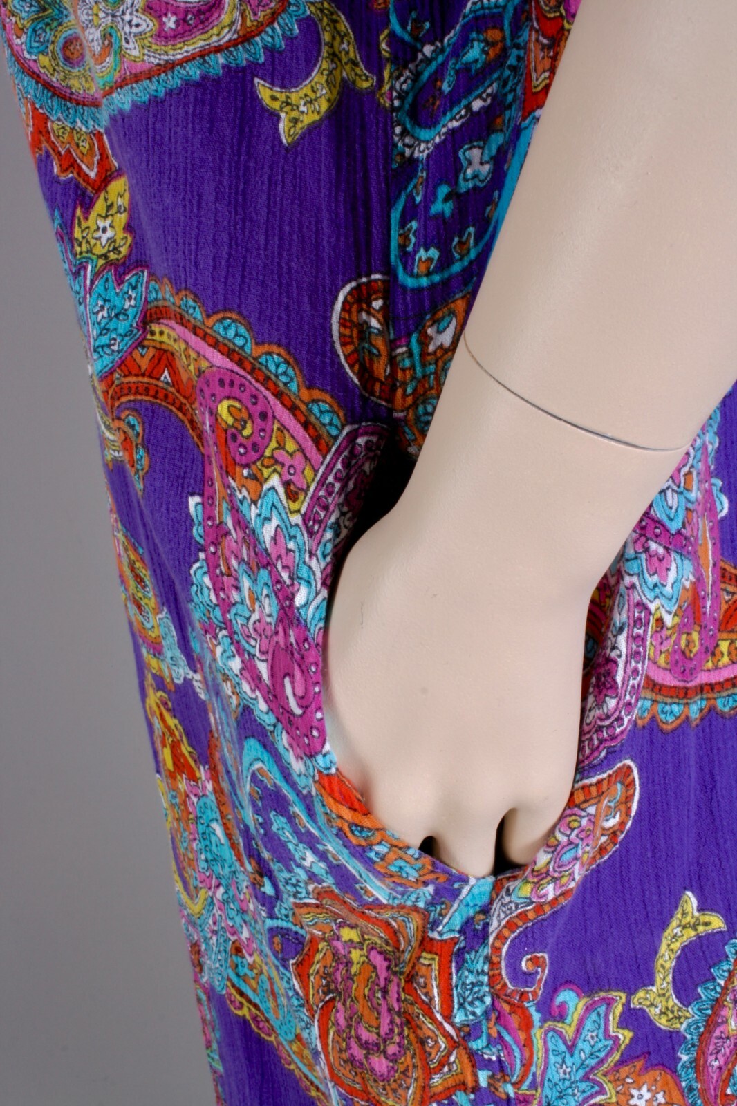 Plus sz 1X Vintage 70s Purple Paisley Hippie Mod Mini Nap Dress w Pockets