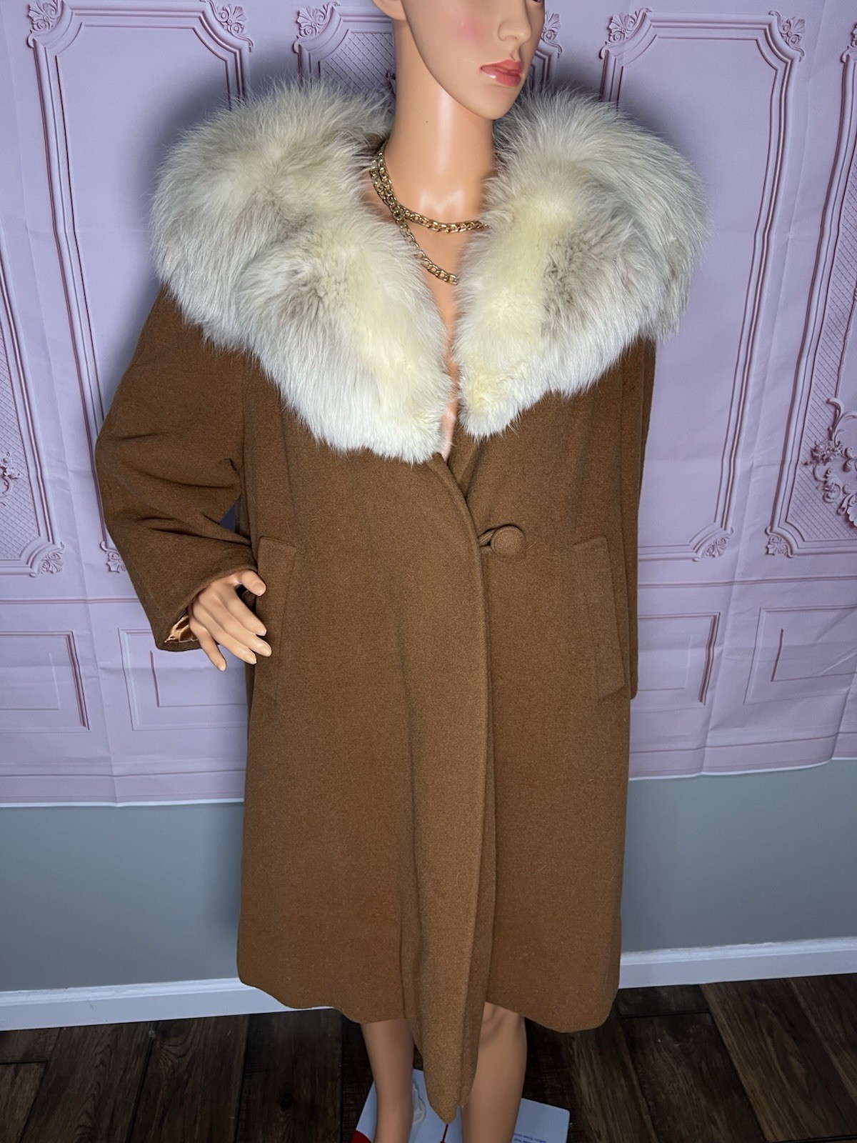 Vintage 1950s/1970s Wool and Fox Fur Coat One Button Loose Fit Has Pockets