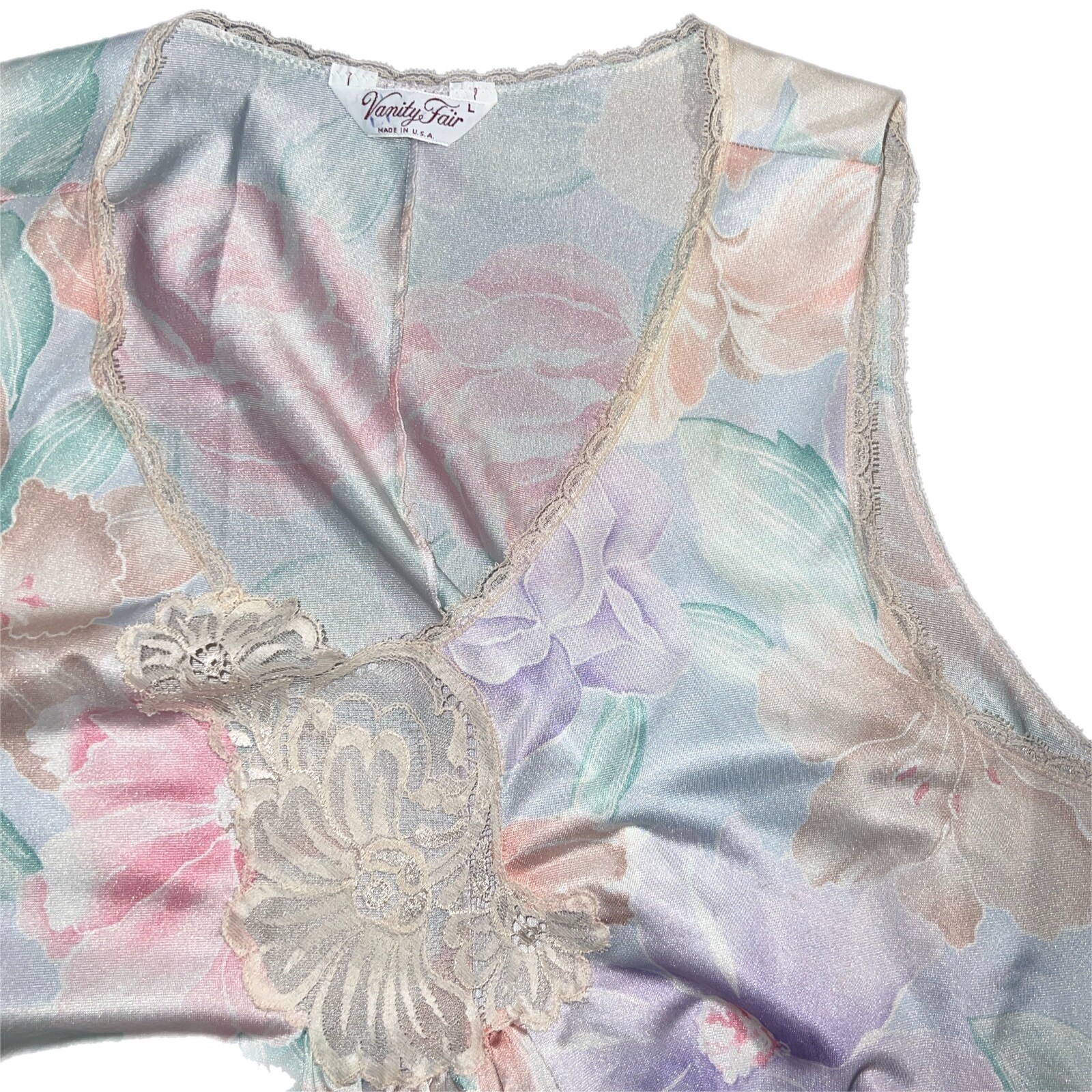 EUVC Vanity Fair Peignoir Set Robe & Gown Covered Buttons Pocket Lace Pastels L
