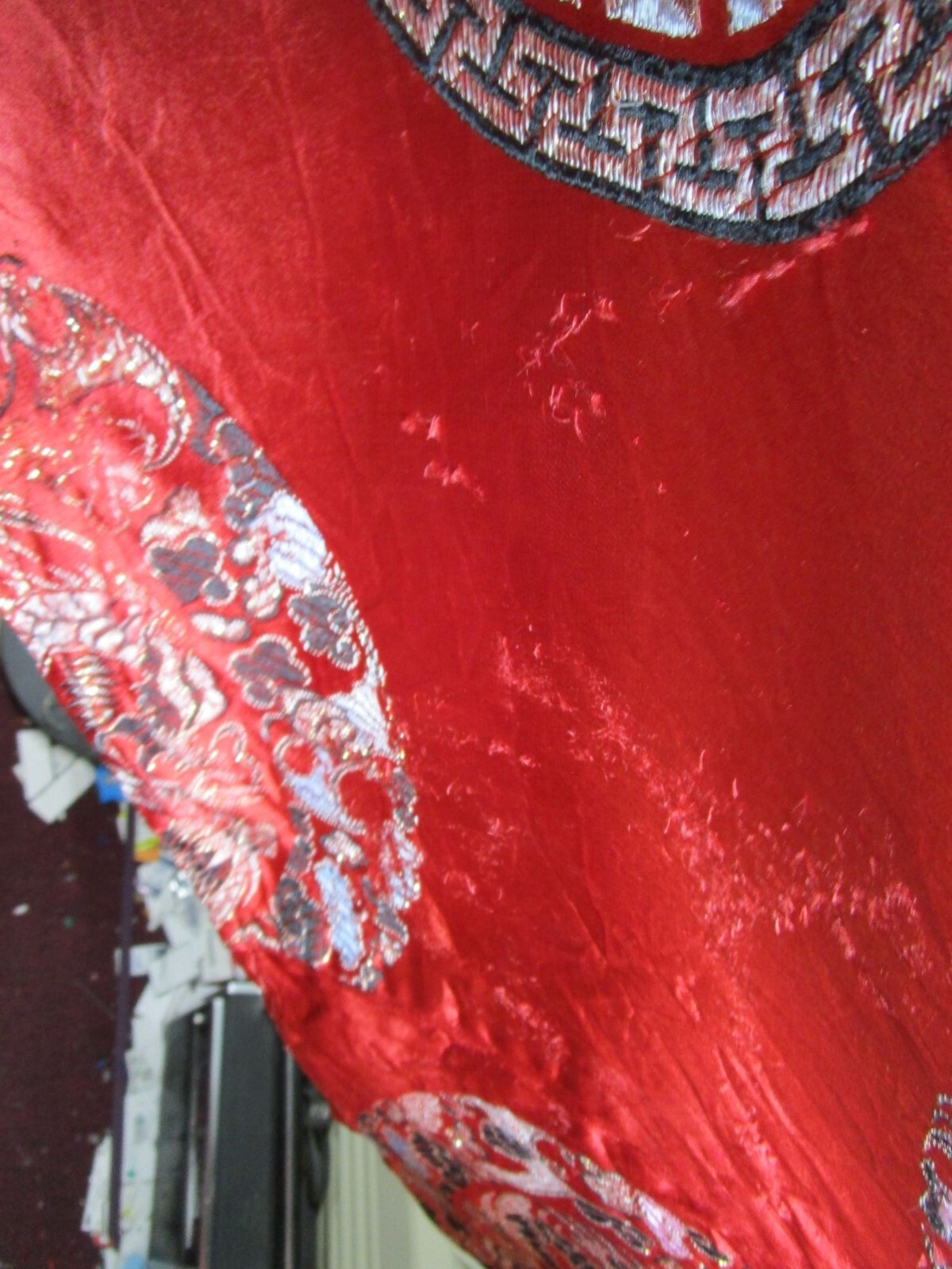 Vintage Red Kimono Robe Intricate Dragon Phoenix Coin Embroidery No Tie Damage