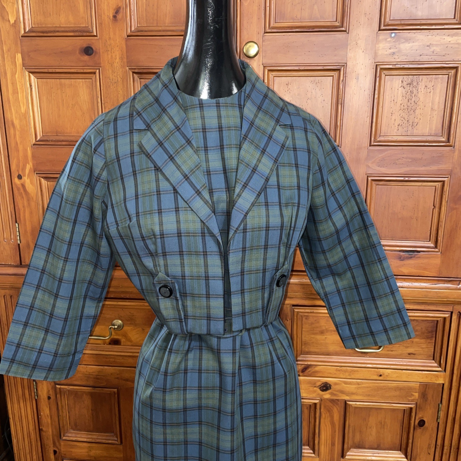 Vintage 60s Nelly Don Dress Jacket 2 Piece Set Blue Green Tartan Plaid Jacki ‘O