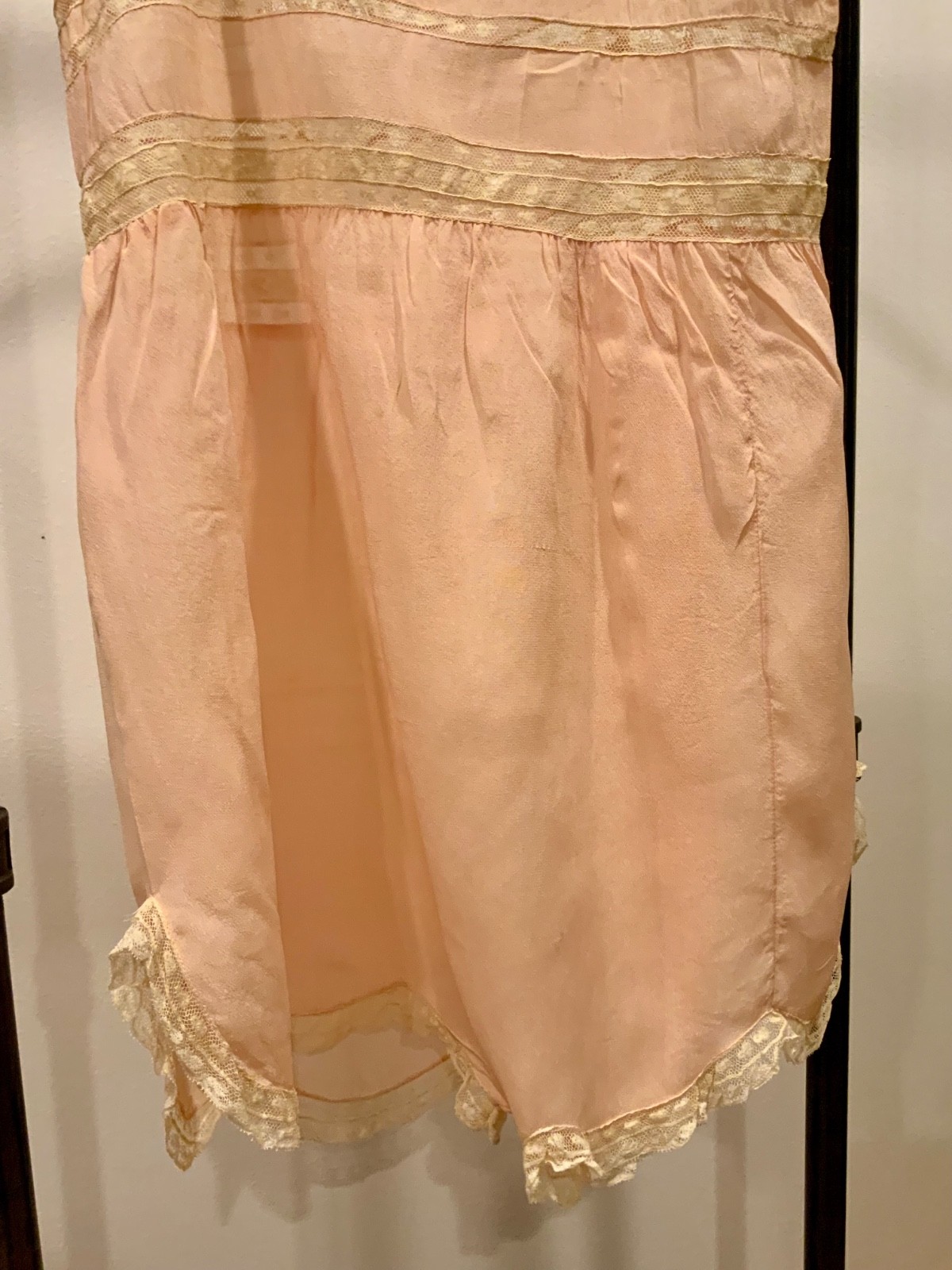 Circa 1912–1918 Blush Pink Silk Chiffon Teddy with Antique Lace – Edwardian Silk