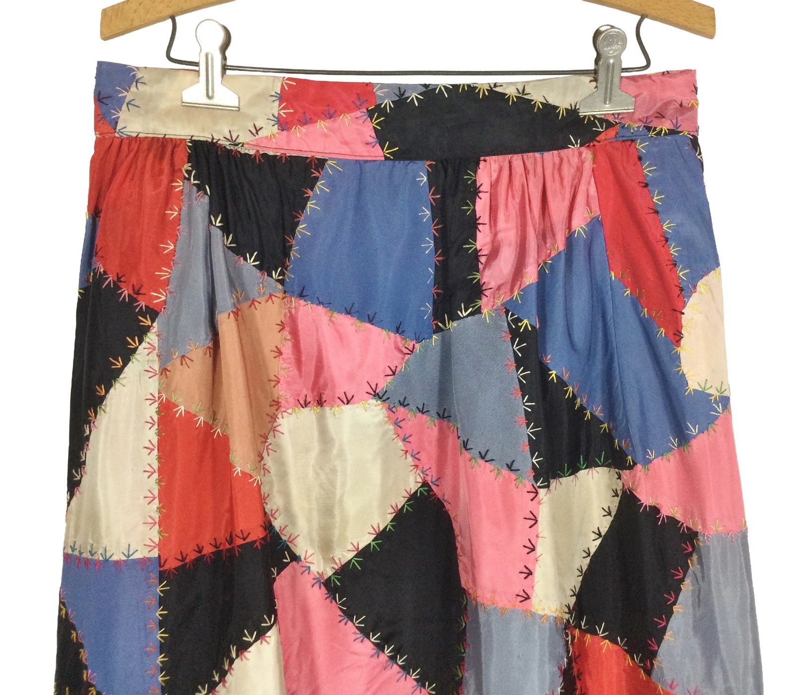 vtg 60S 70S ANTIQUE PATCHWORK CRAZY QUILT EMBROIDERED dress SKIRT 32 cottagecore