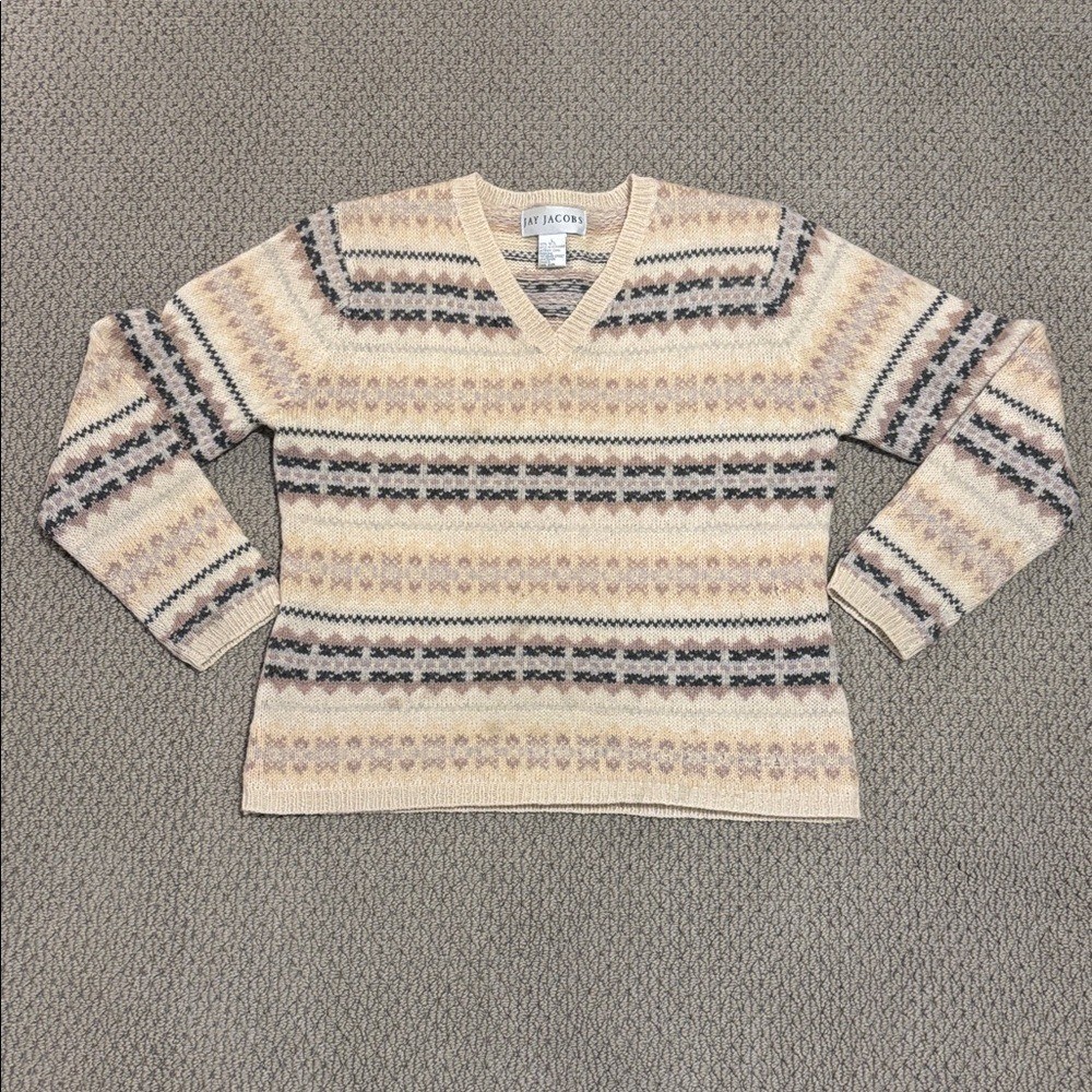 Y2K 90s Nordic Style 100% Wool Striped V-Neck Long Sleeve Sweater Jay Jacobs