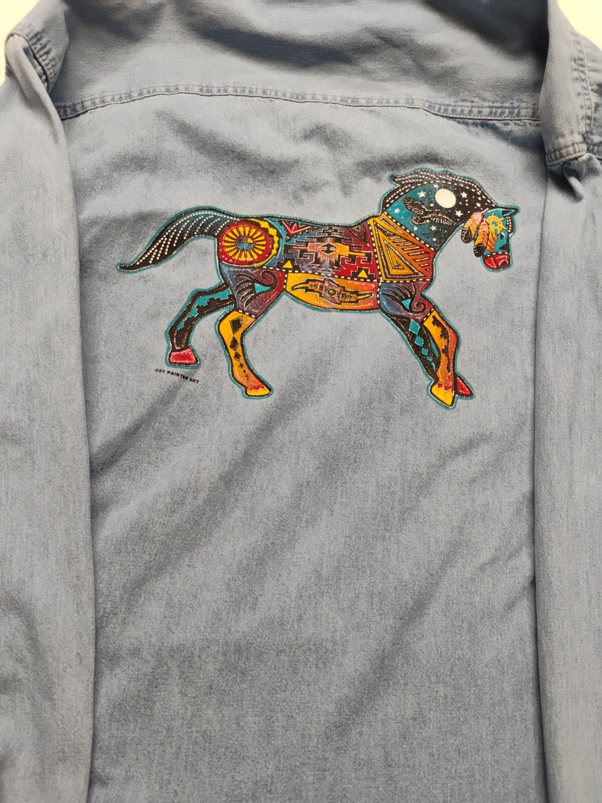 Horse Denim Shirt Adult XL Blue Equestrian Men Tribal Men 90s VINTAGE