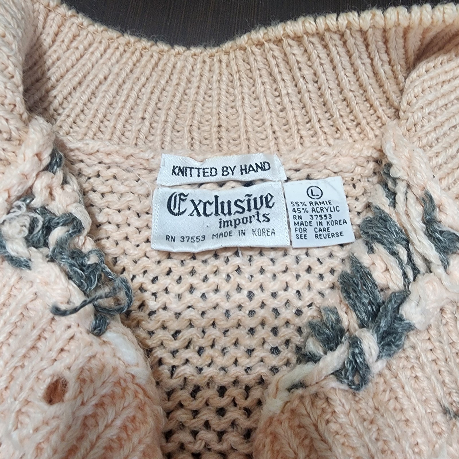 Vintage Knitted by Hand Sweater Size L Pale Pink Gray White Fair Isle Cardigan