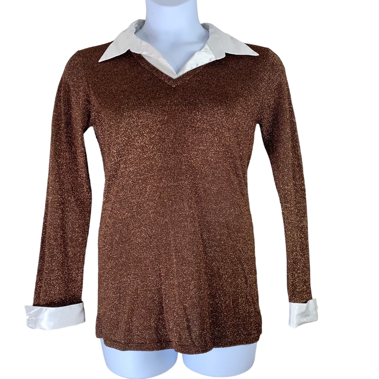 Vintage Blouse Sz Medium Brown Glitter Top Collared Cuffed Long Sleeved Elementz