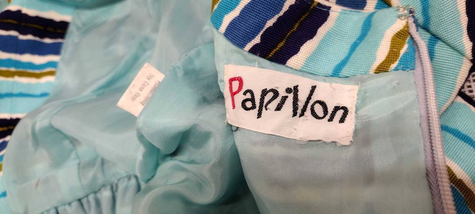 Vintage MCM Papillon Dress Audrey Style Mid Century Stripes Avocado Blue W 24″