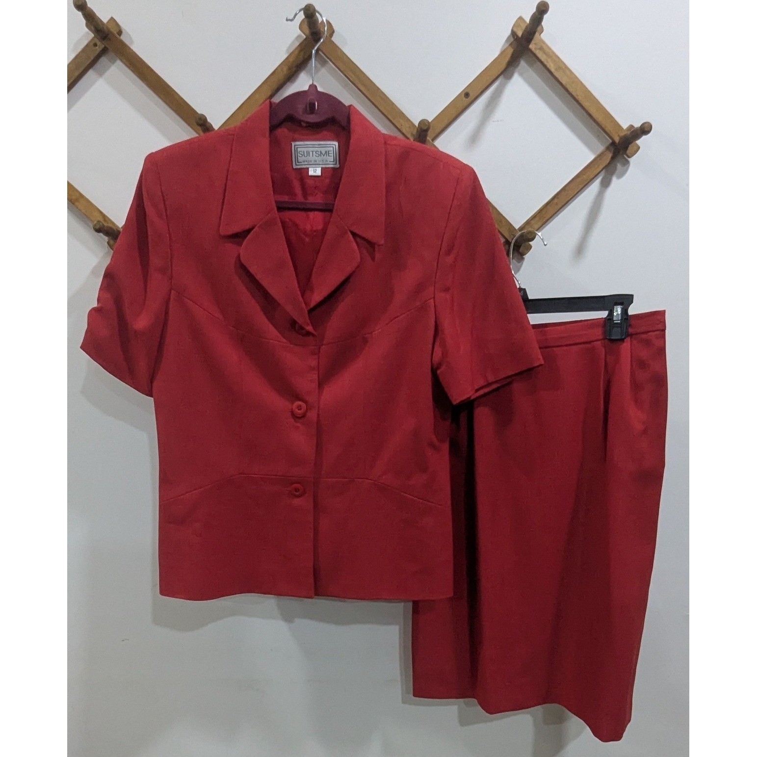 Vintage Suitsme Red Skirt Set business USA Short Sleeve Blazer with Skirt 12