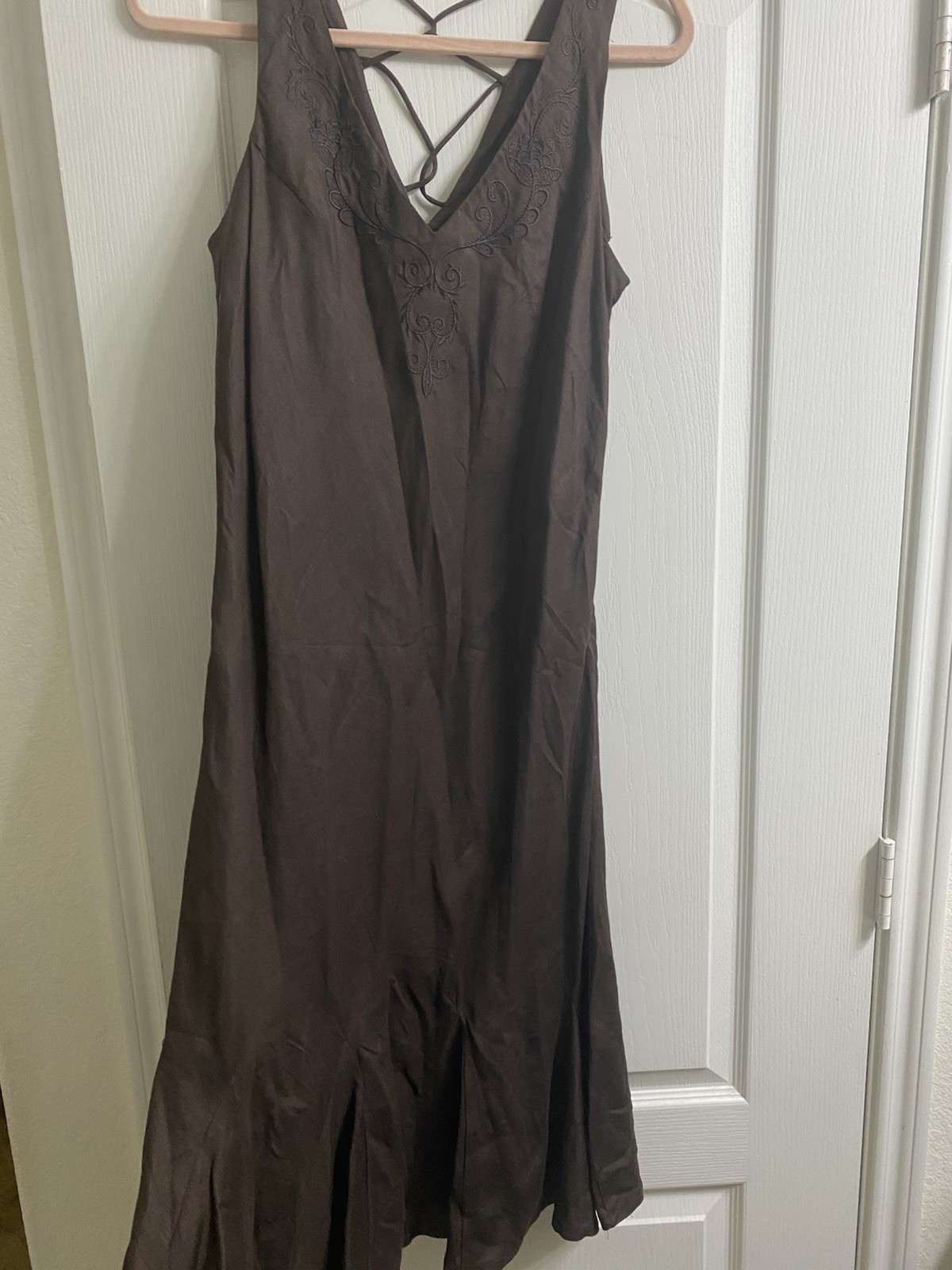 Vintage 90s Exclamation Chocolate Brown Embroidered Flounced Fairy Midi Dress XL