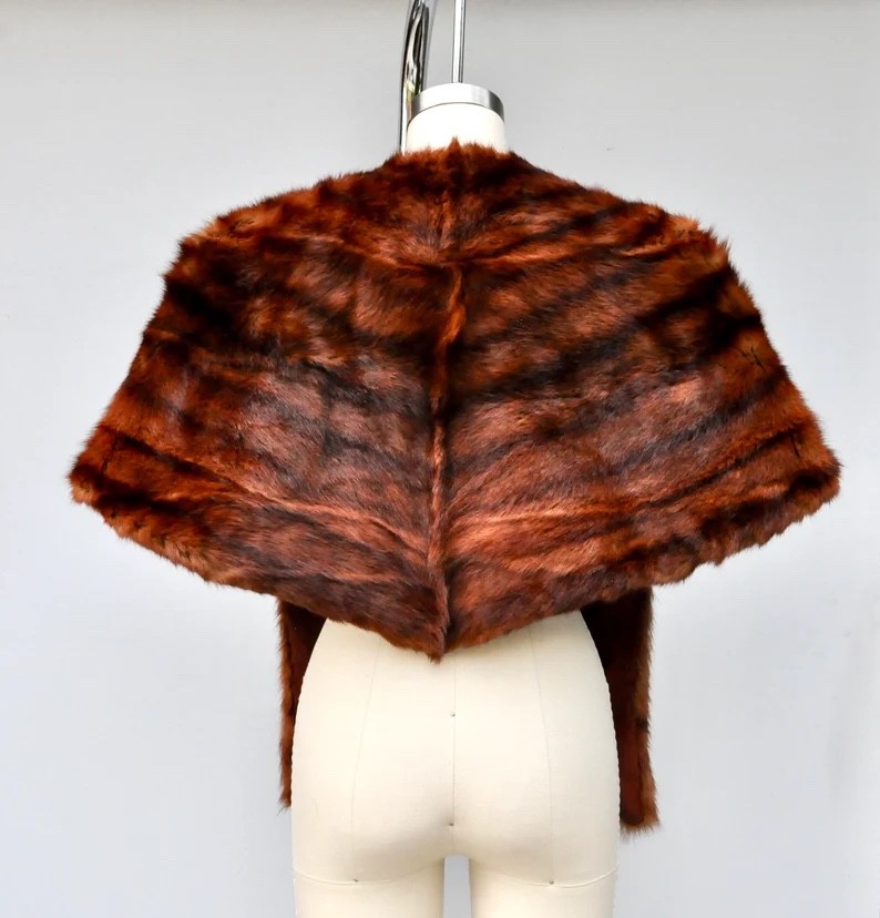 Vintage Mink Fur Stole Cape Capelet Wrap Shawl POCKETS 40s 50s Mid Century