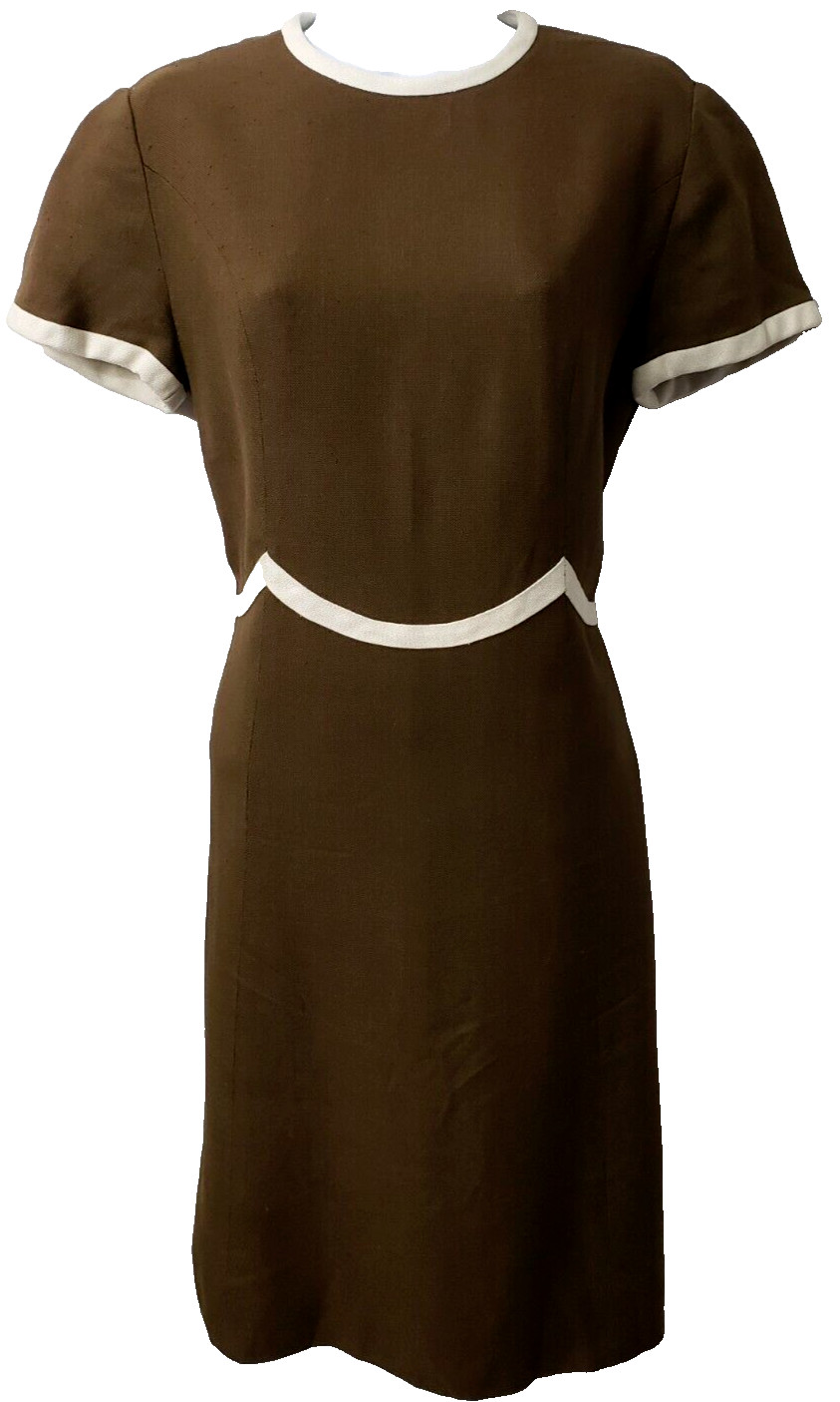 Mod MCM Linen Shift Dress S M Scallop Lined Brown Ivory Leslie Fay Vintage 50s