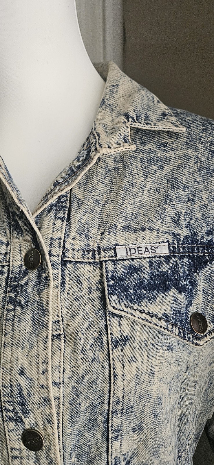 Vintage IDEAS Acid Wash Denim Shirt Dress Size L Button Front 80s 90s Grunge
