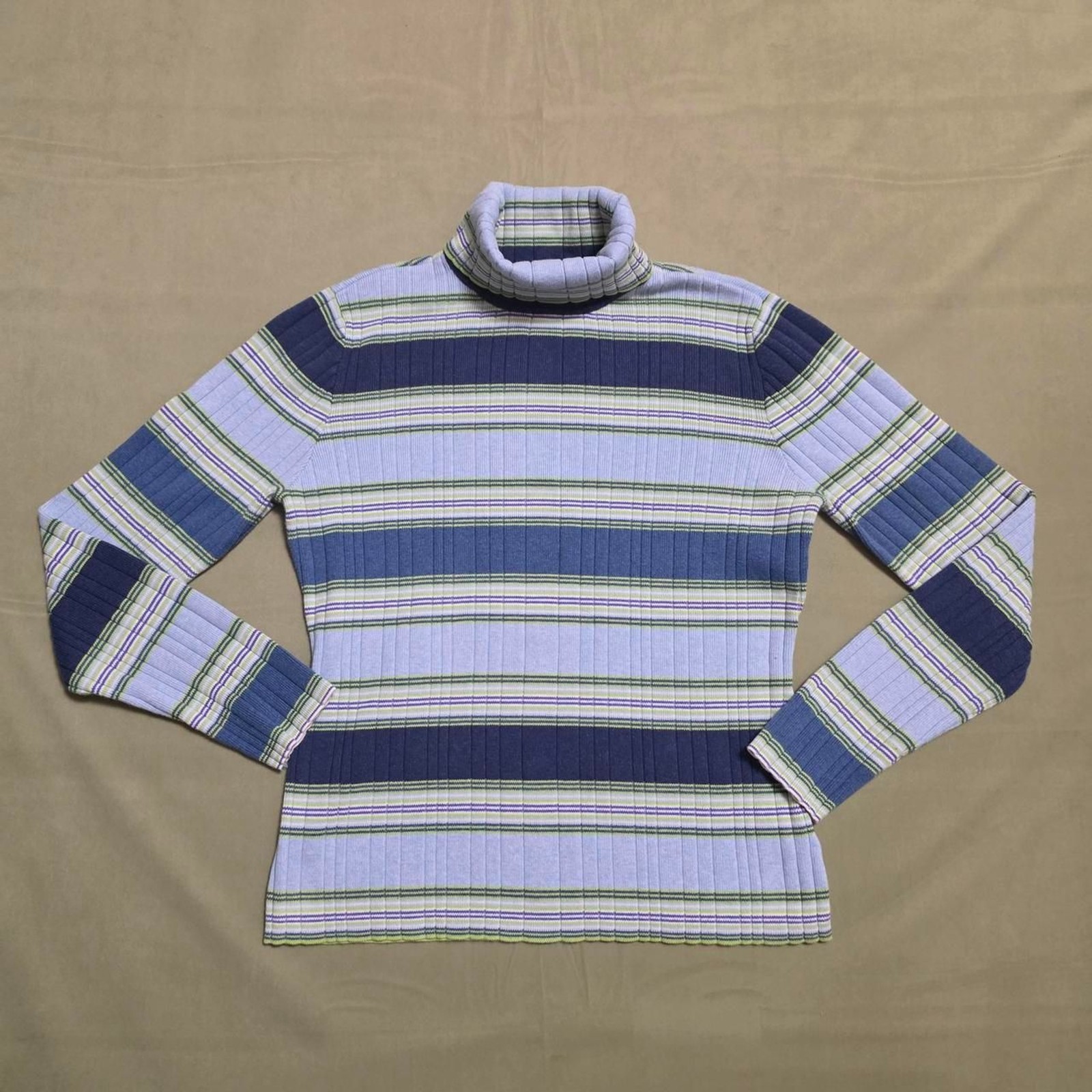Vintage Tommy Hilfiger Ribbed Striped Turtleneck Sweater Y2K Blue Green White XL