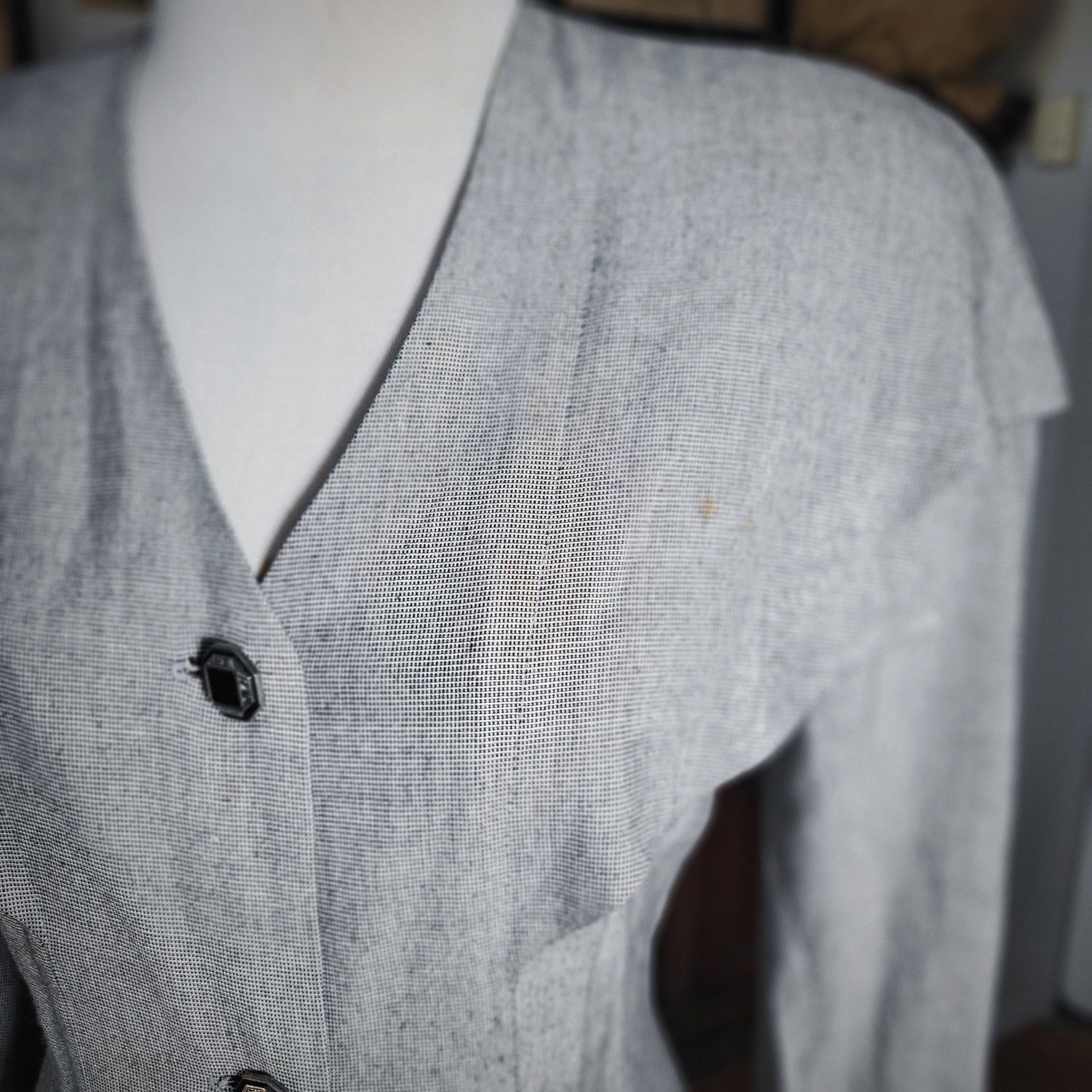 Vintage 80s DB Designs Grey Button Front Power Suit Sheath Dress Shoulder Pads S