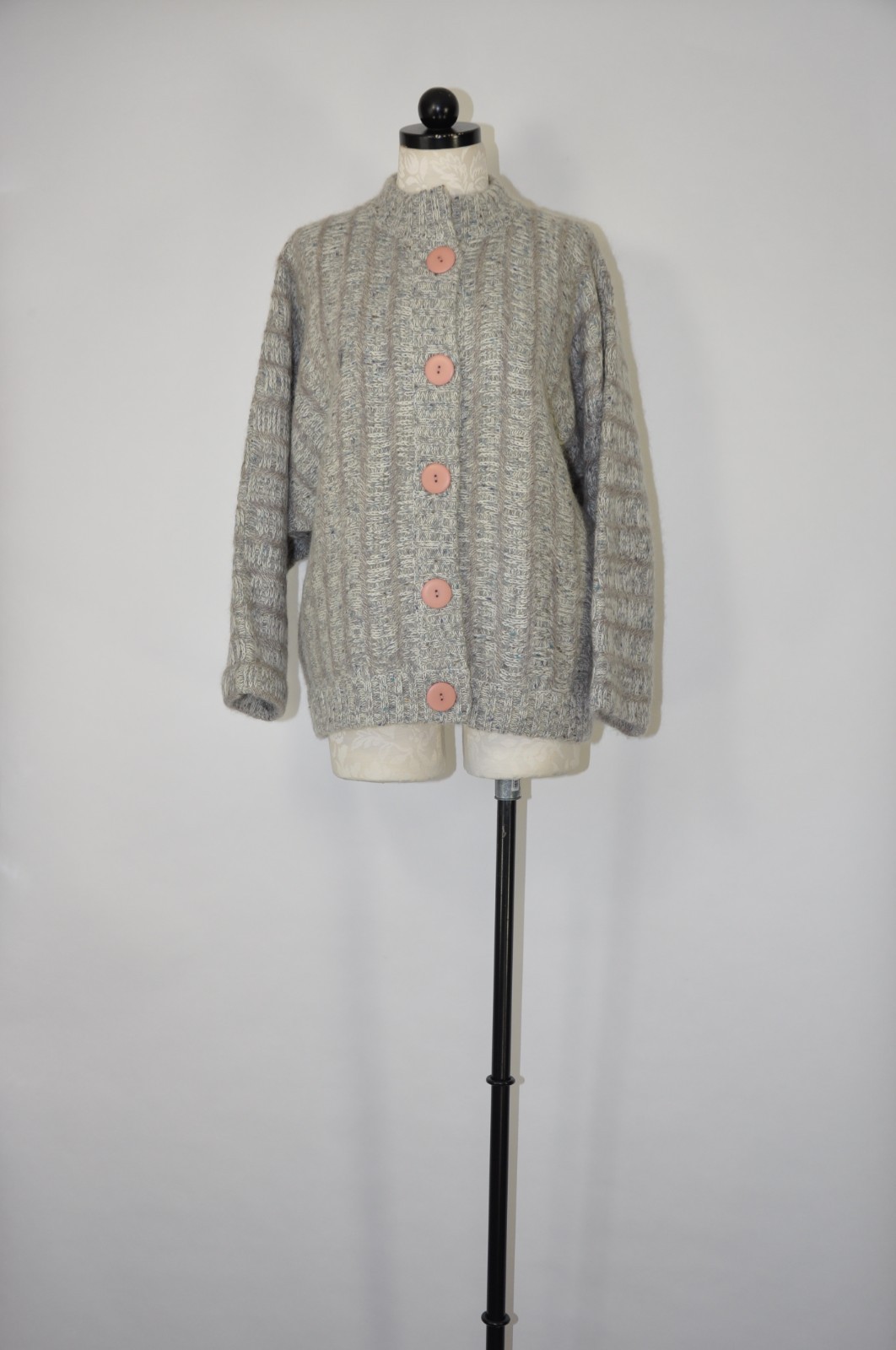 80s Vintage Gray Fuzzy Wool Mohair Buttoned Cardigan Sweater Jacket Women L XL