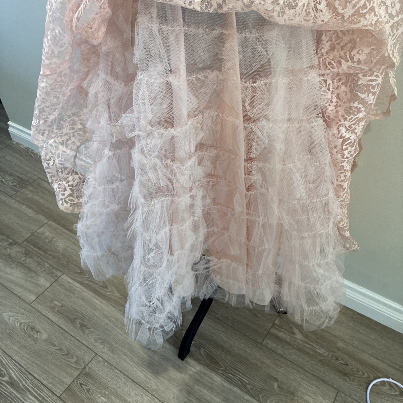 Vintage 1950s Pink Tulle Lace Formal Strapless Dress Satin Underskirt & Necklace