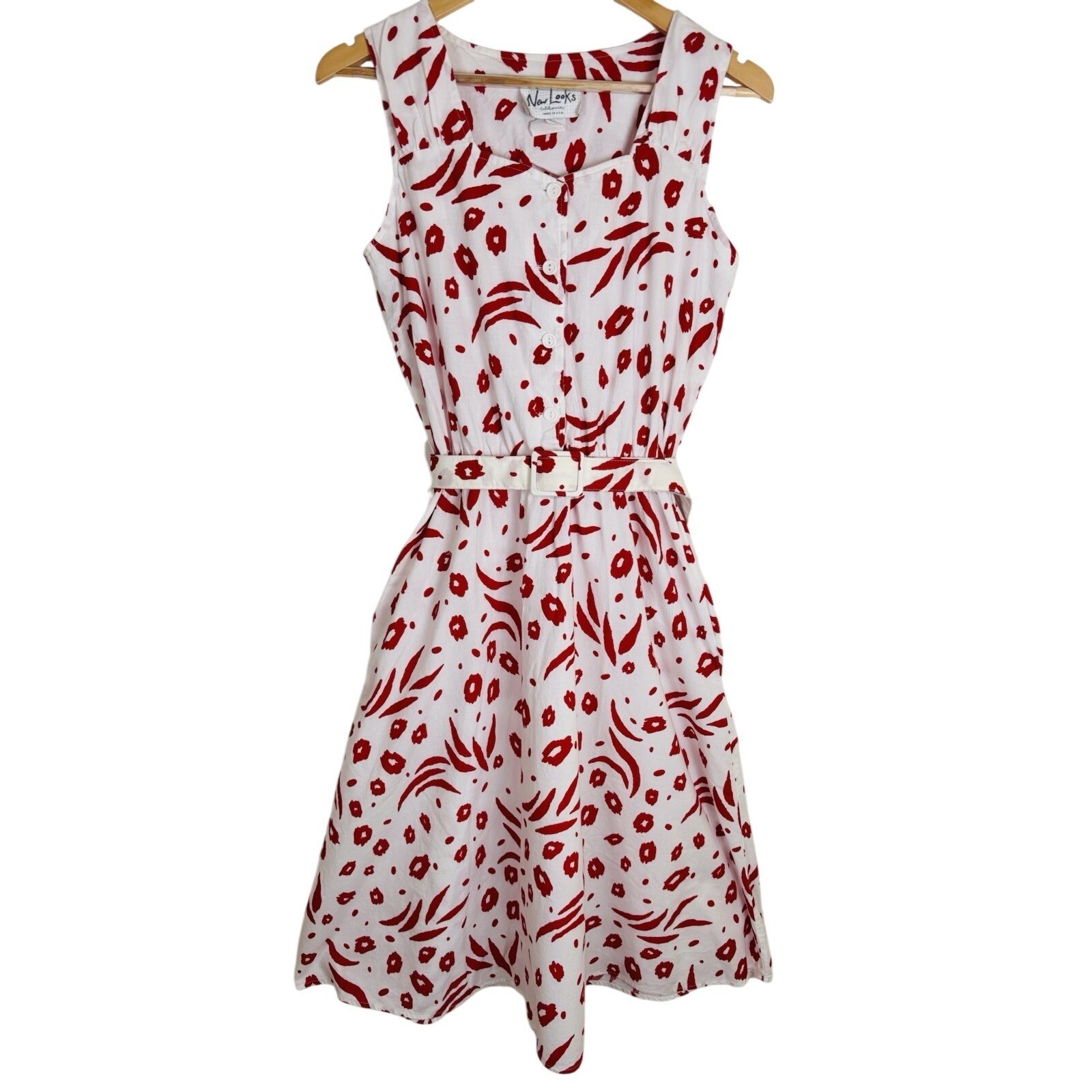 VTG New Looks California Sz 10/M White Red Floral Sleeveless Midi Dress Belted