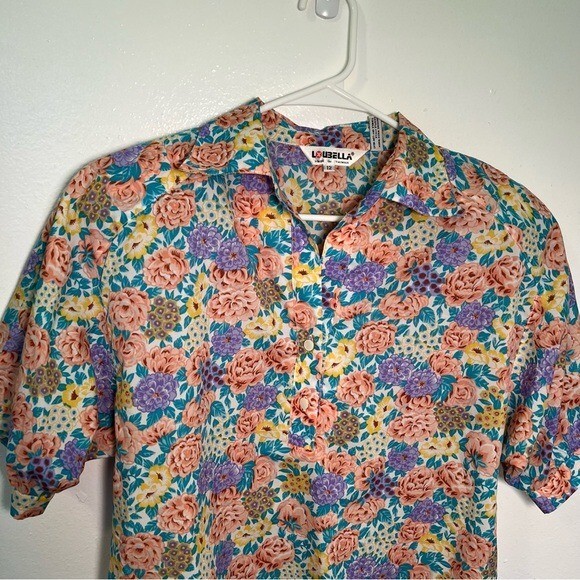 Vintage Loubella Women’s Size 12 Popover Blouse Purple Teal Floral Half Button