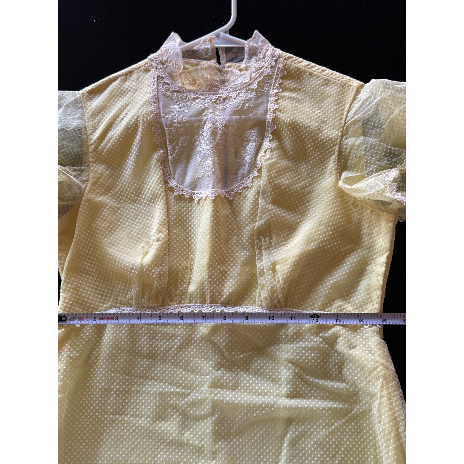 Vintage 70s Yellow Swiss Dot Lace Maxi Dress ILGWU Union Made Boho Prairie Sz 11