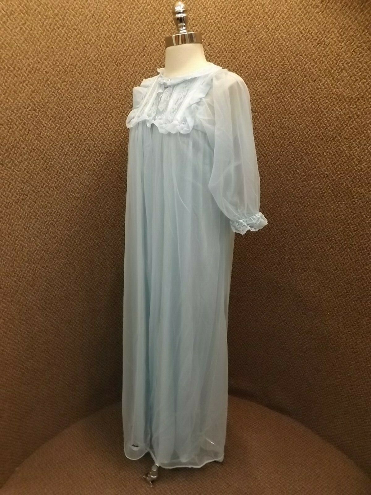 Vtg JC Penney Blue Two Pc Peignoir Full Length Nylon Lace Nightgown Sheer Robe M