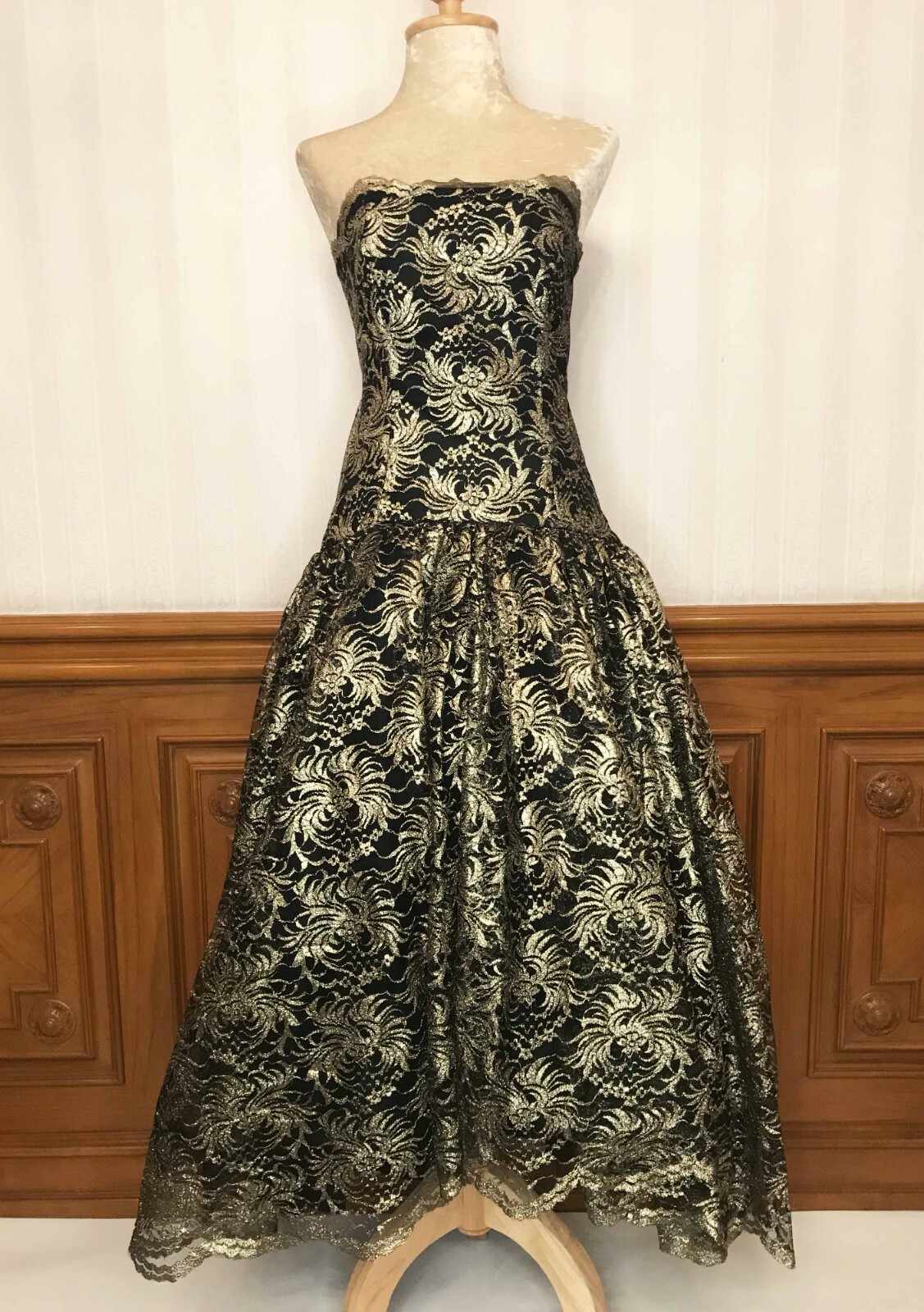 Vtg Lillie Rubin Gold Metallic Lace Strapless Wedding Party Dress Gown Sz 4 USA