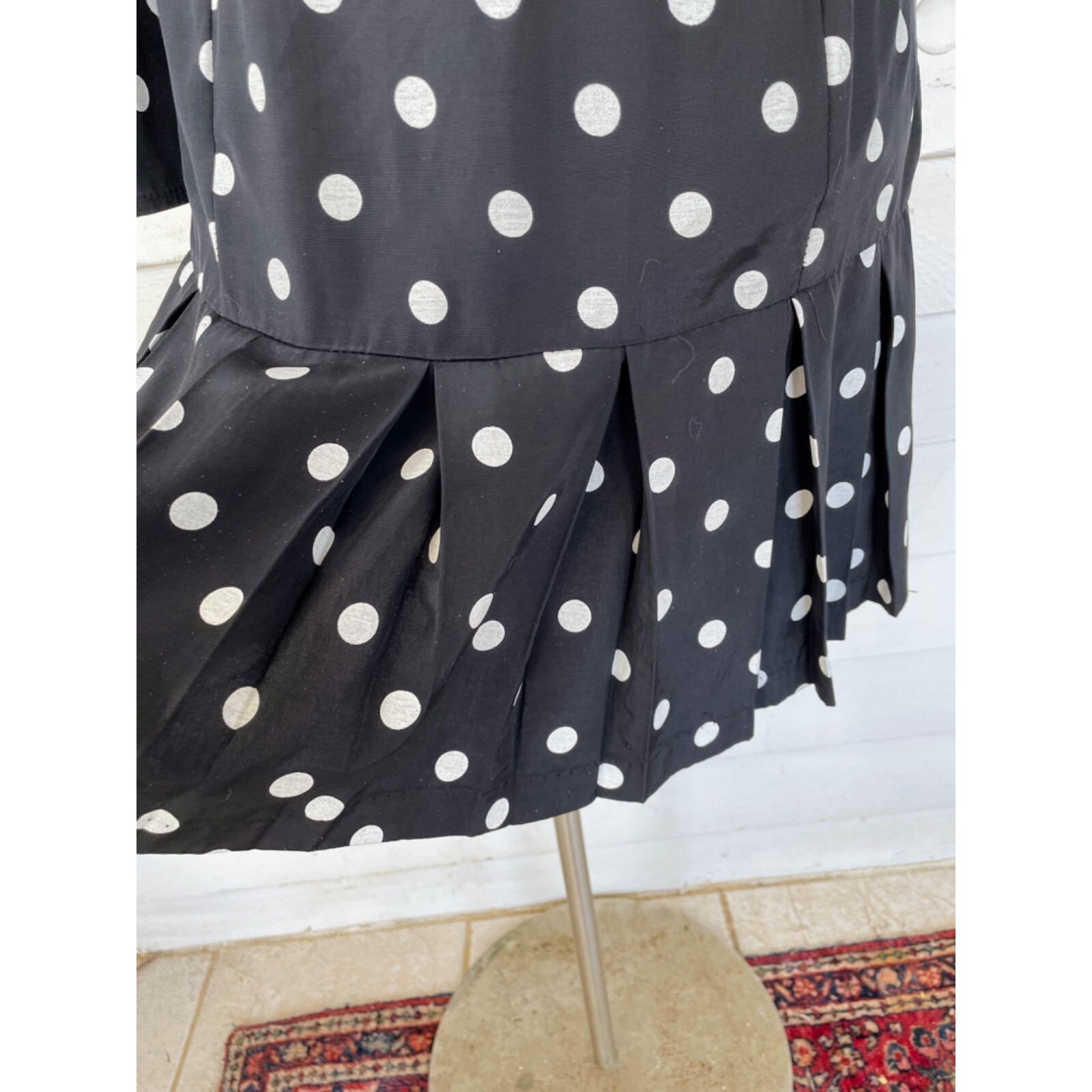 Vintage 1980s Black White Polka Dot Pleated Dress
