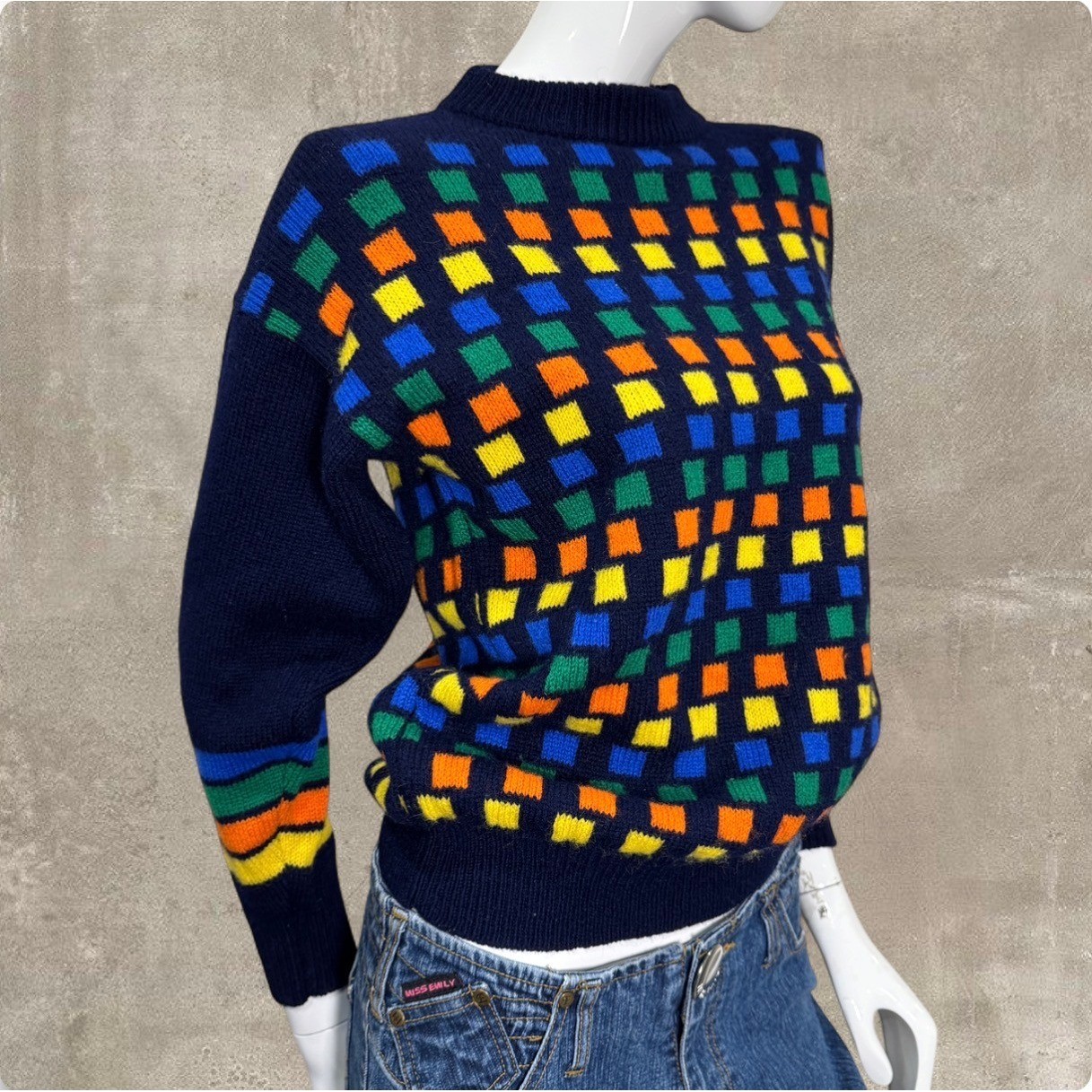 Vintage 80s 100% Wool Knit Sweater Navy Geometric Rainbow Made in Scotland S/M