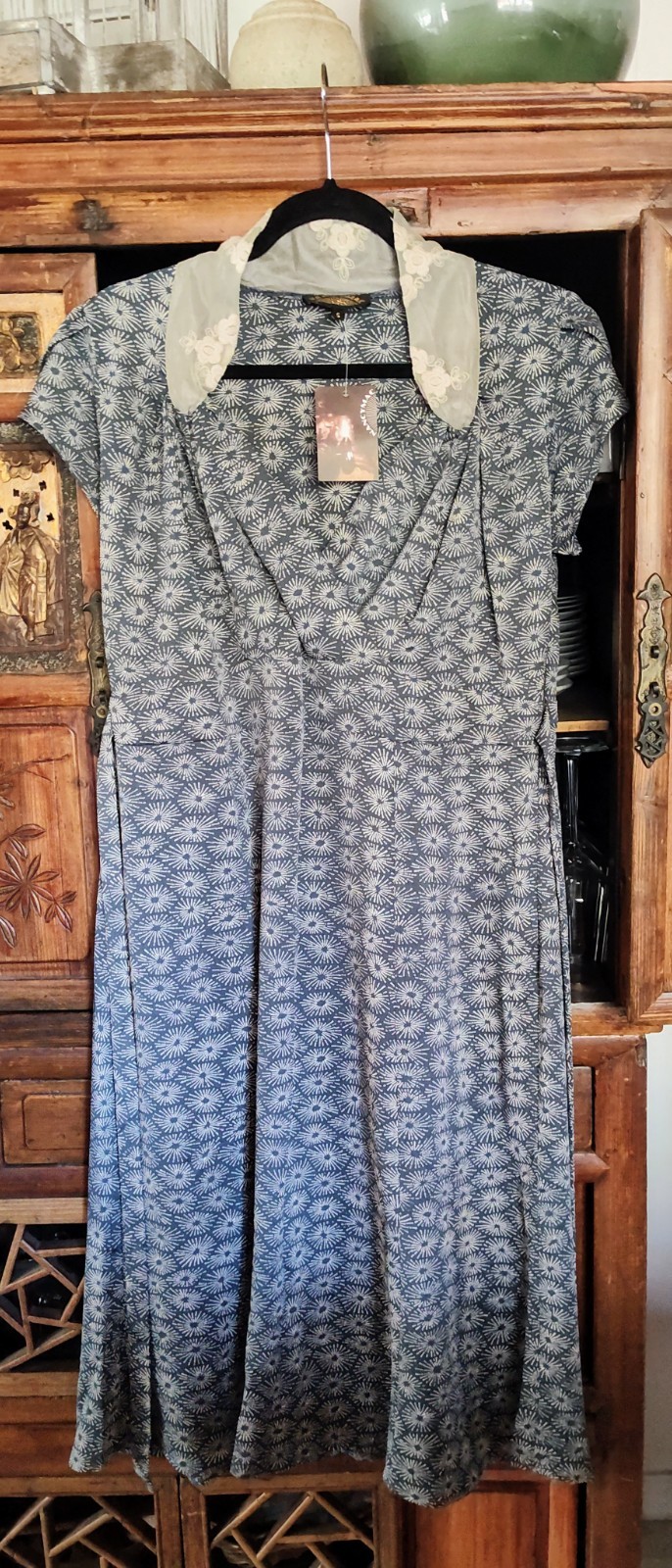 NANCY MAC VINTAGE DECO 30’s ELIZA BLUE STARBUST with ivory lace trim DRESS 16 18
