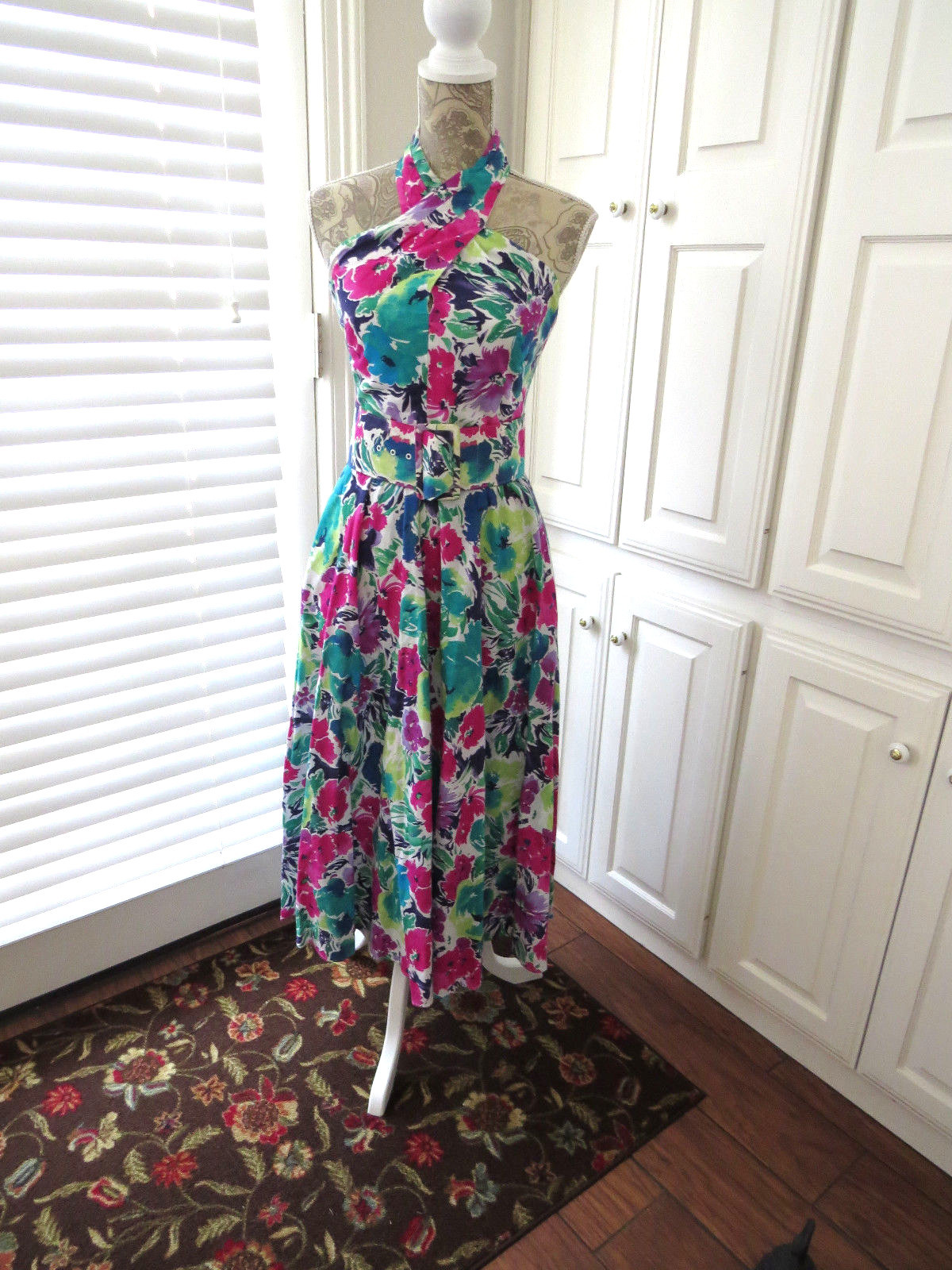 Size Small 5 to 6 Vintage Halter Dress by Act I Turquoise Plum Rose Flowers