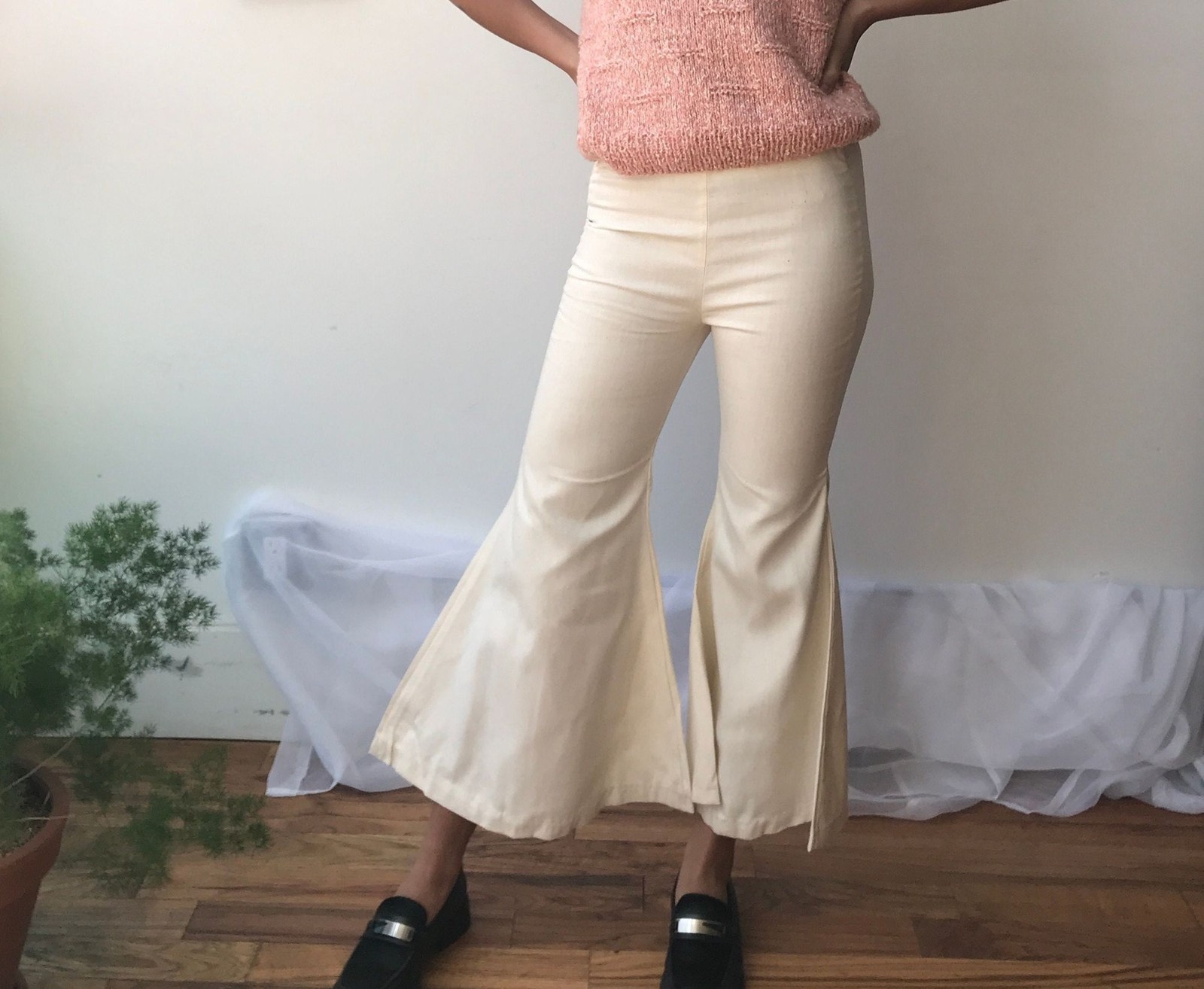 Vintage 60s Cream Cotton Bell Bottoms: High Waist Mod Trousers