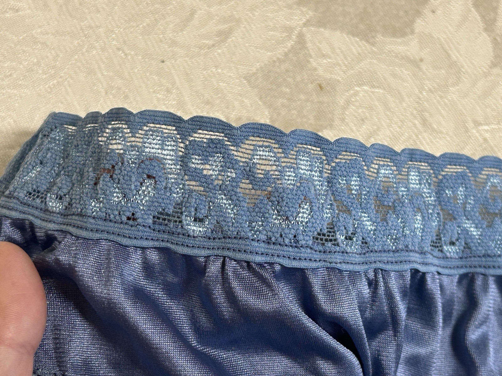 Vtg HANES Silky Satin Hi-Waist French Hi-Cut Wide Lace Band Size 6 Blue Panties