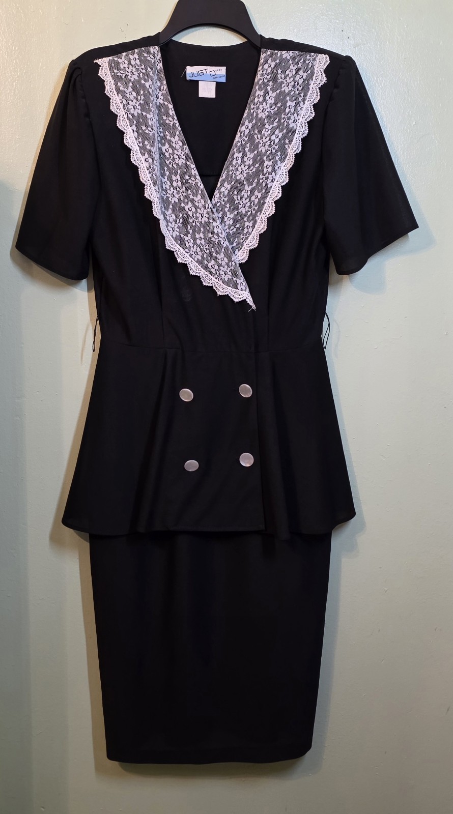 VTG Black Peplum Dress Flaired Waist Sz 10 Lace Secretary Hollywood Glamour